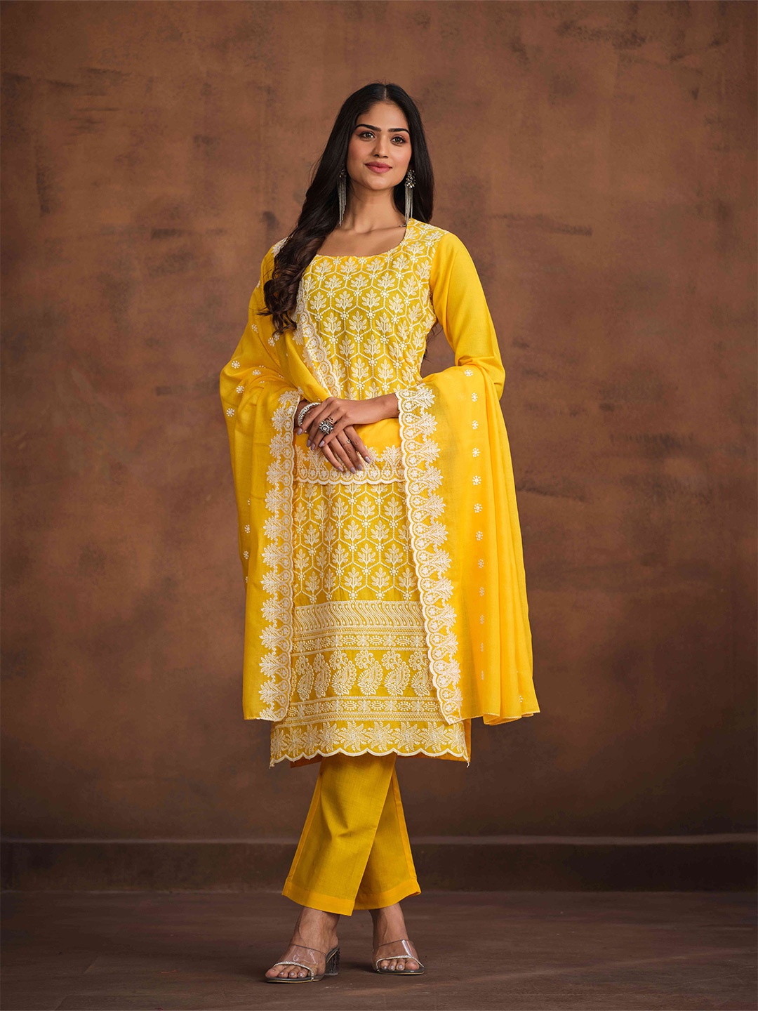 

Ishin Embroidered Regular Chikankari Pure Cotton Kurta with Trousers & Dupatta, Yellow