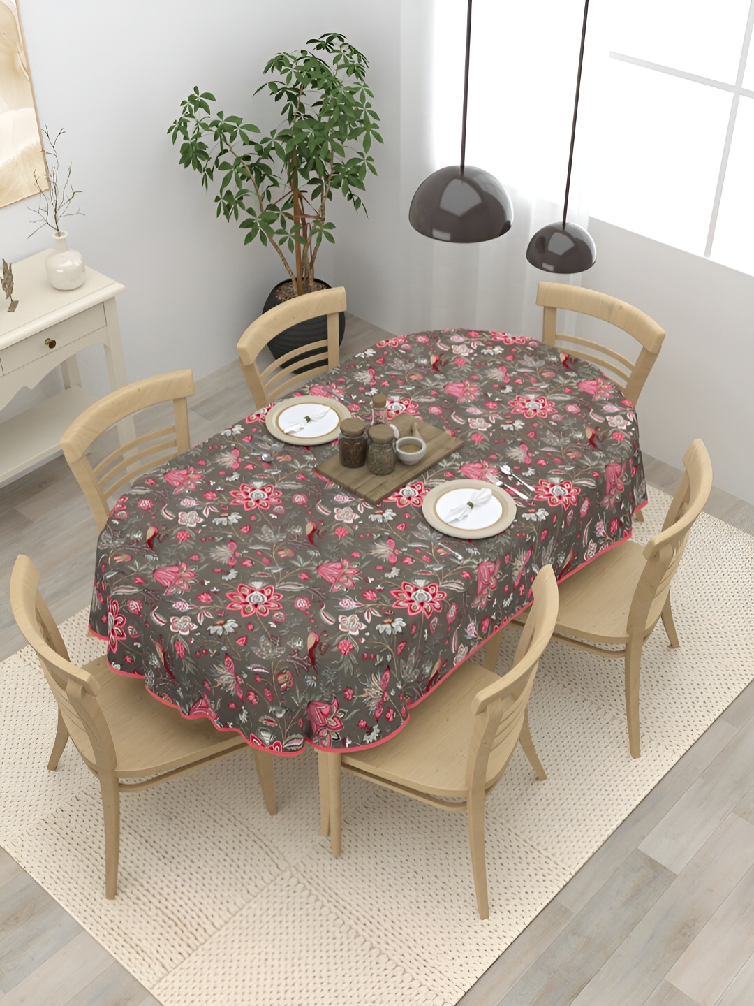 

Clasiko Pink & Grey 6-Seater Floral Cotton Oval Table Cover