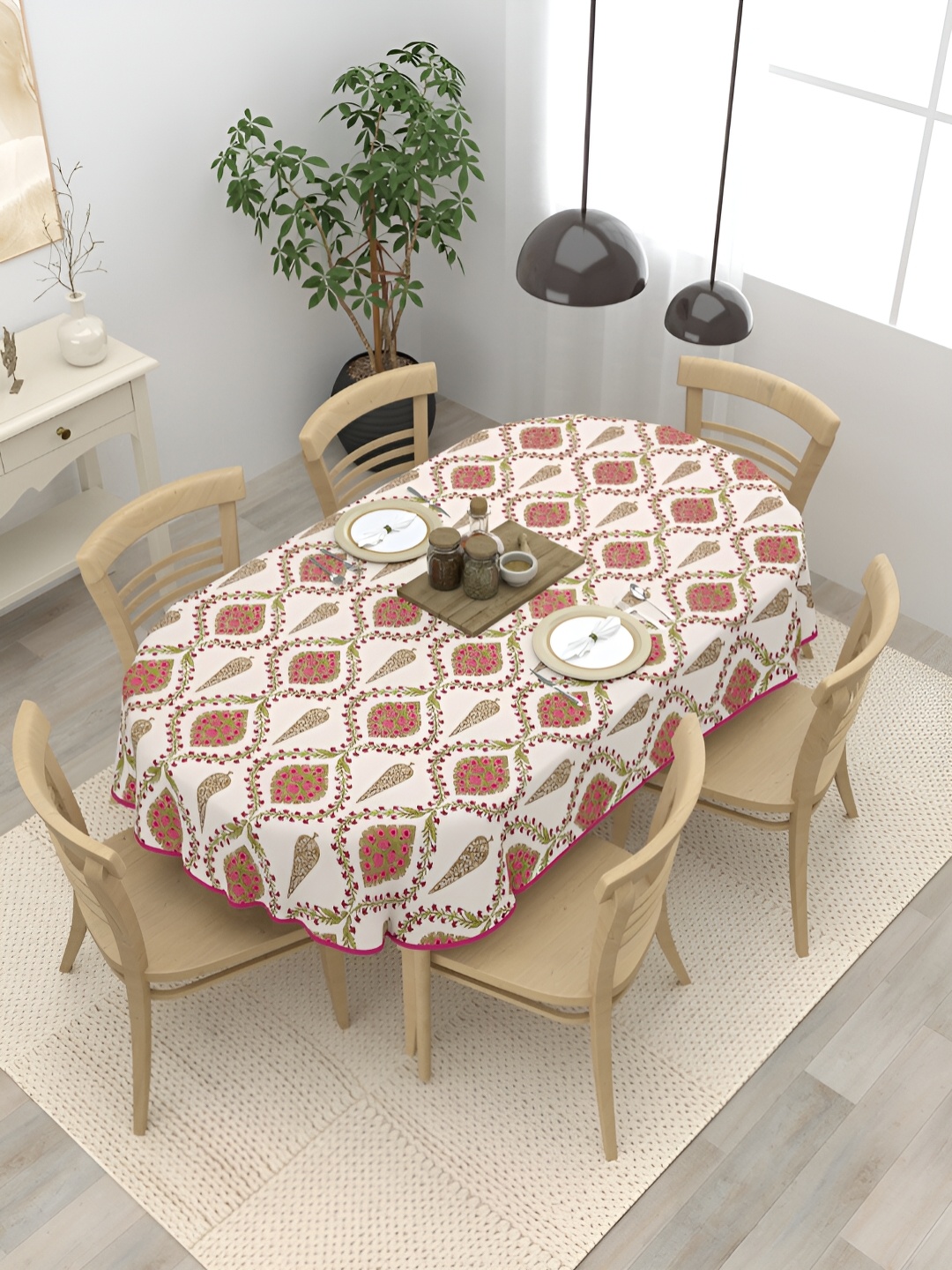 

Clasiko Pink & White Ethnic Motifs Cotton Oval 6-Seater Table Cover