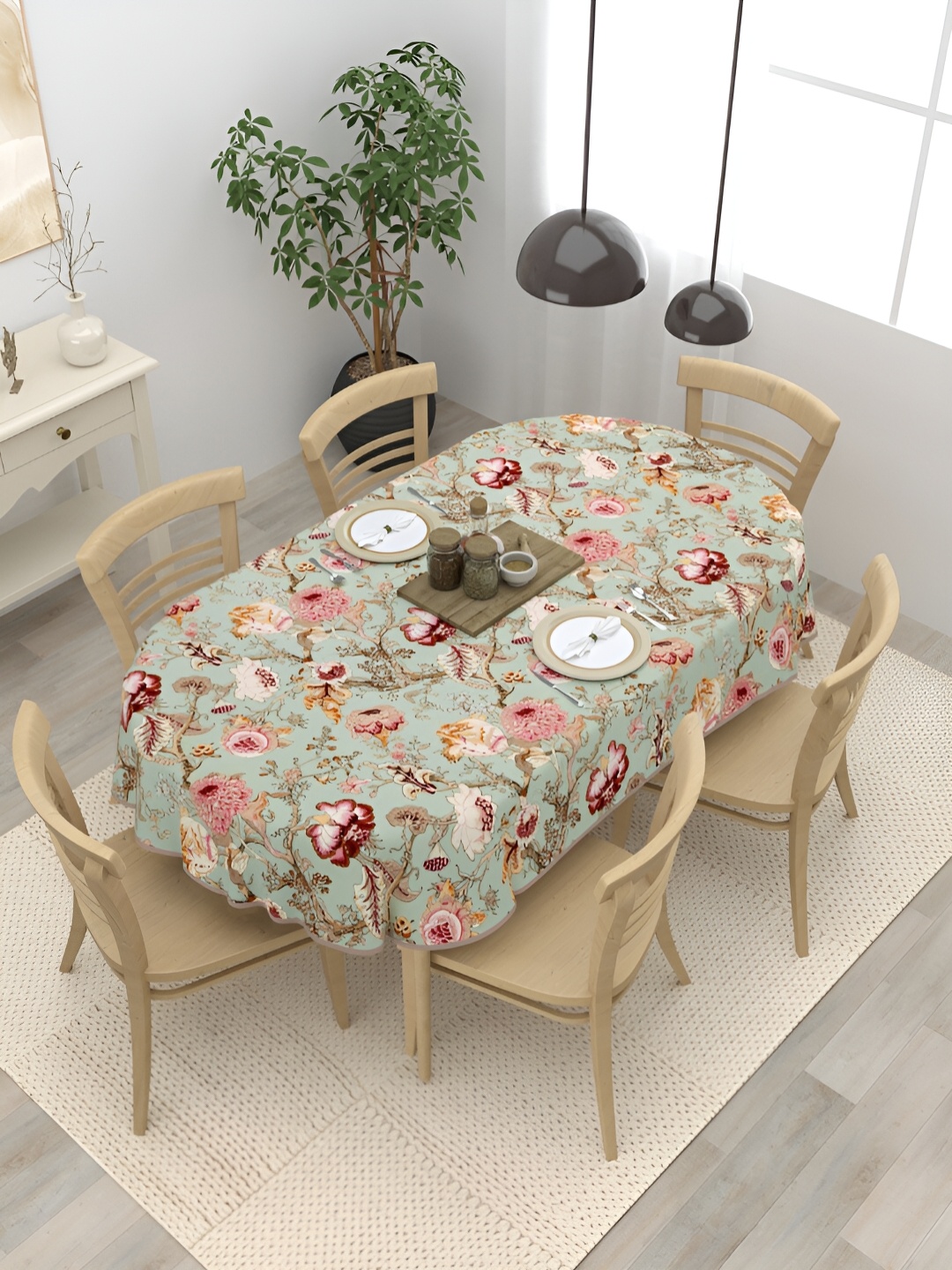 

Clasiko Green Floral Cotton Oval 6-Seater Table Cover