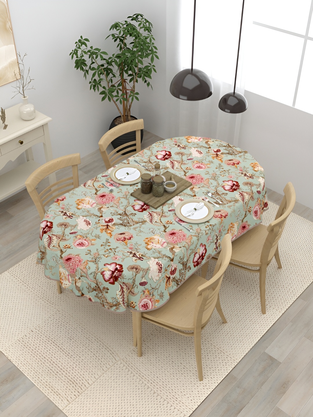 

Clasiko Green Floral Cotton Oval 4-Seater Table Cover