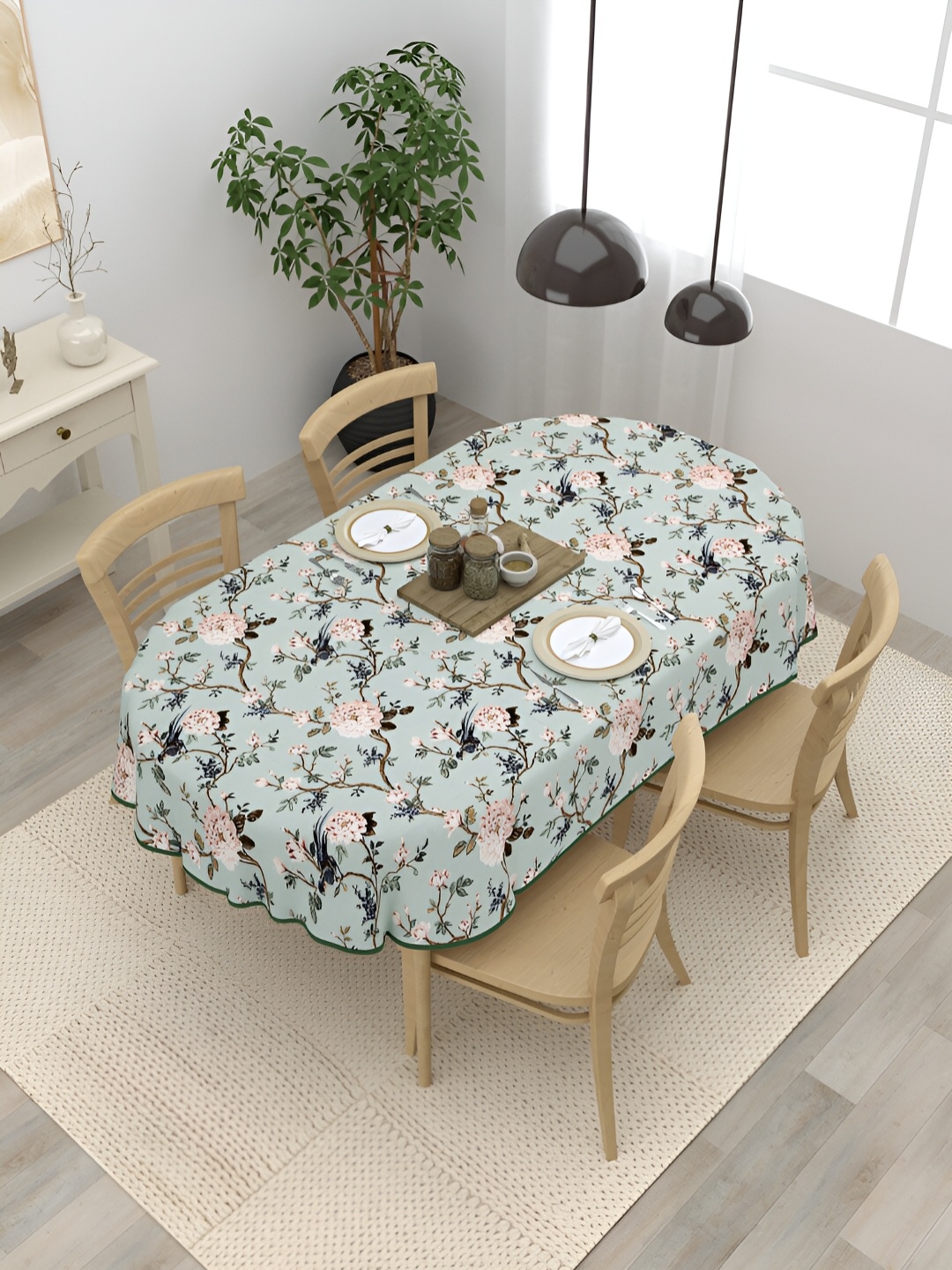 

Clasiko Green & Peach 4-Seater Floral Cotton Oval Table Cover