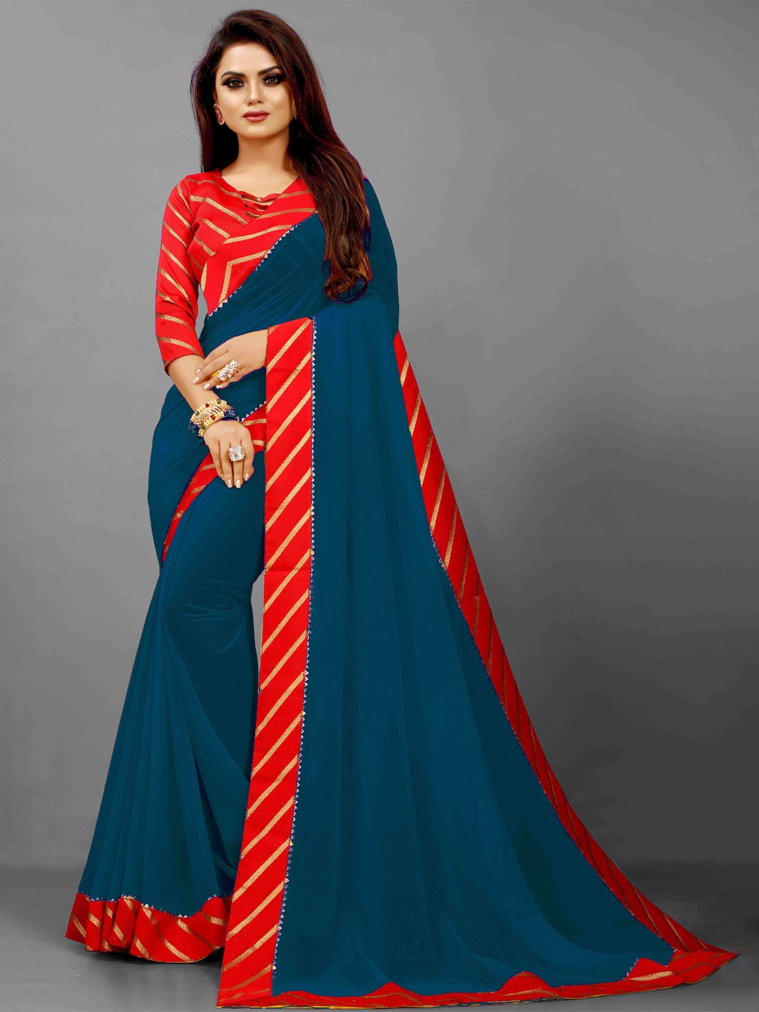 

Flip The Style Striped Embellished Gotta Patti Bhagalpuri Saree, Blue