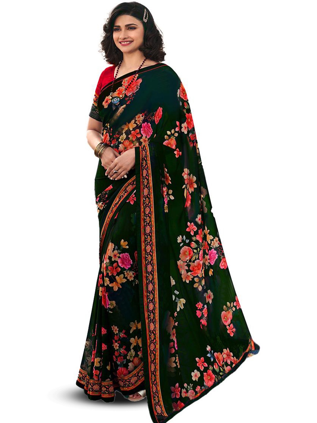 Flip The Style Black & Red Floral Pure Georgette Saree