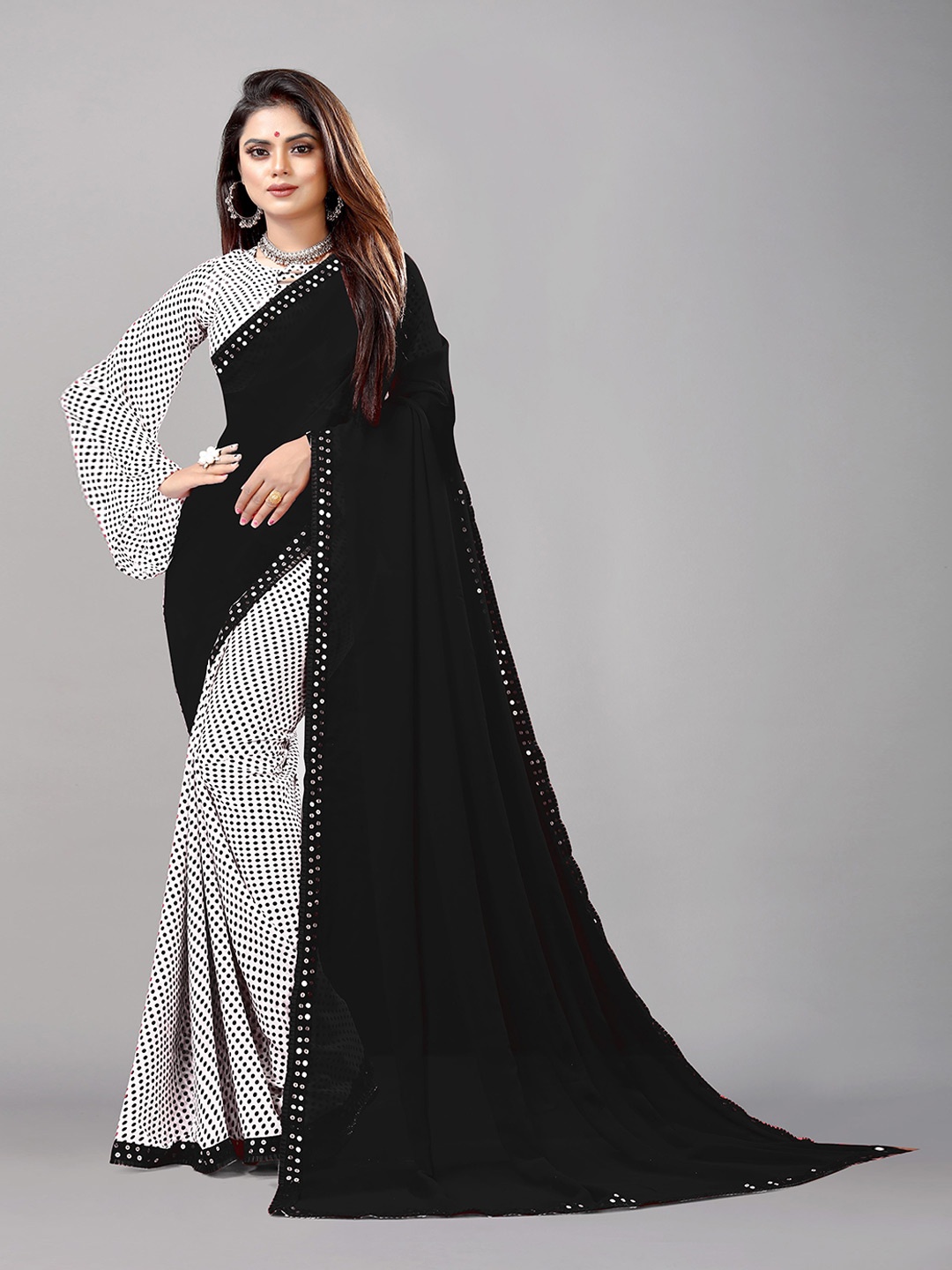 

Flip The Style Black & White Polka Dot Sequinned Pure Georgette Half and Half Saree