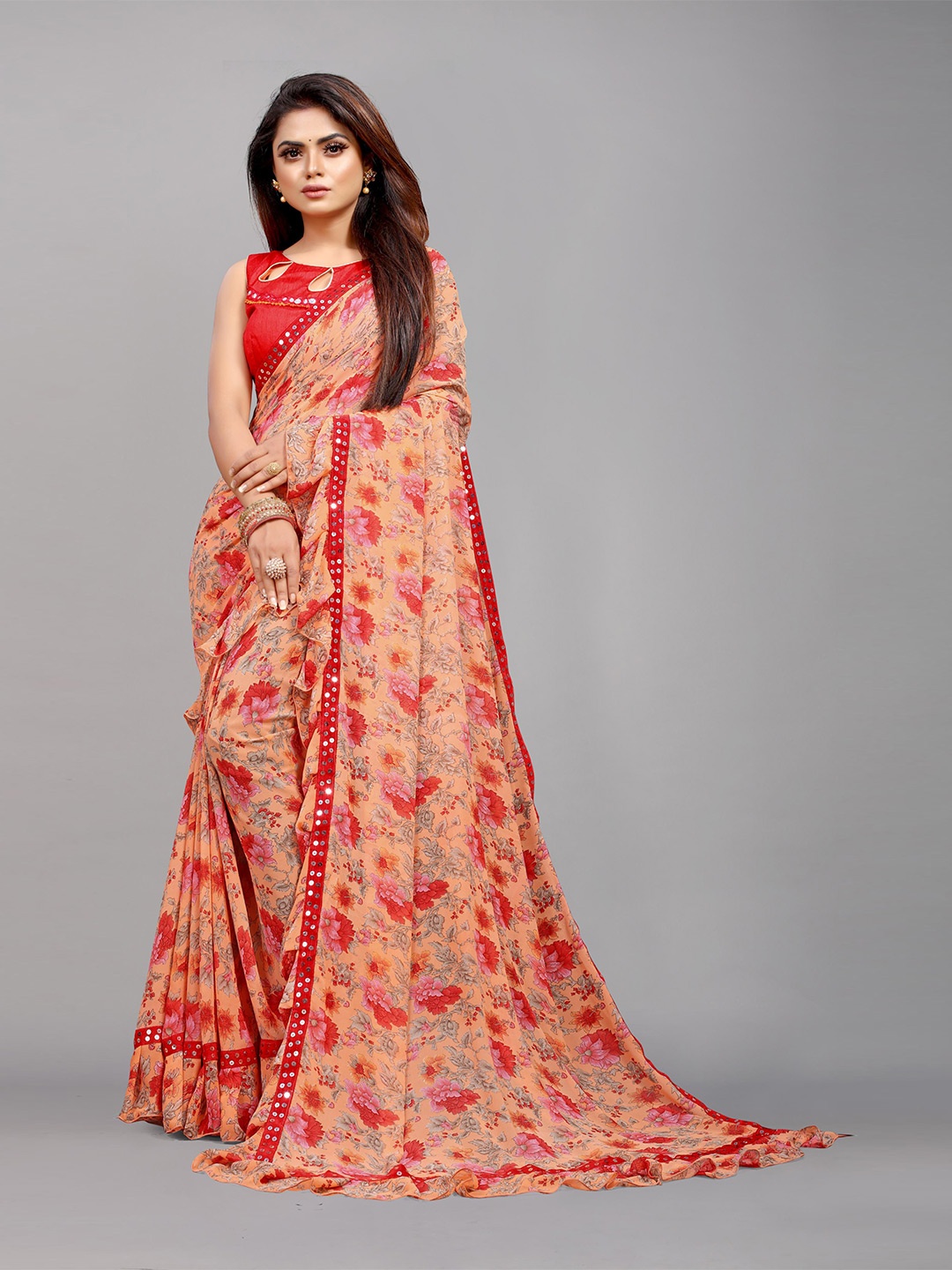 

Flip The Style Floral Printed Embellished Sequinned Pure Georgette Leheriya Saree, Orange