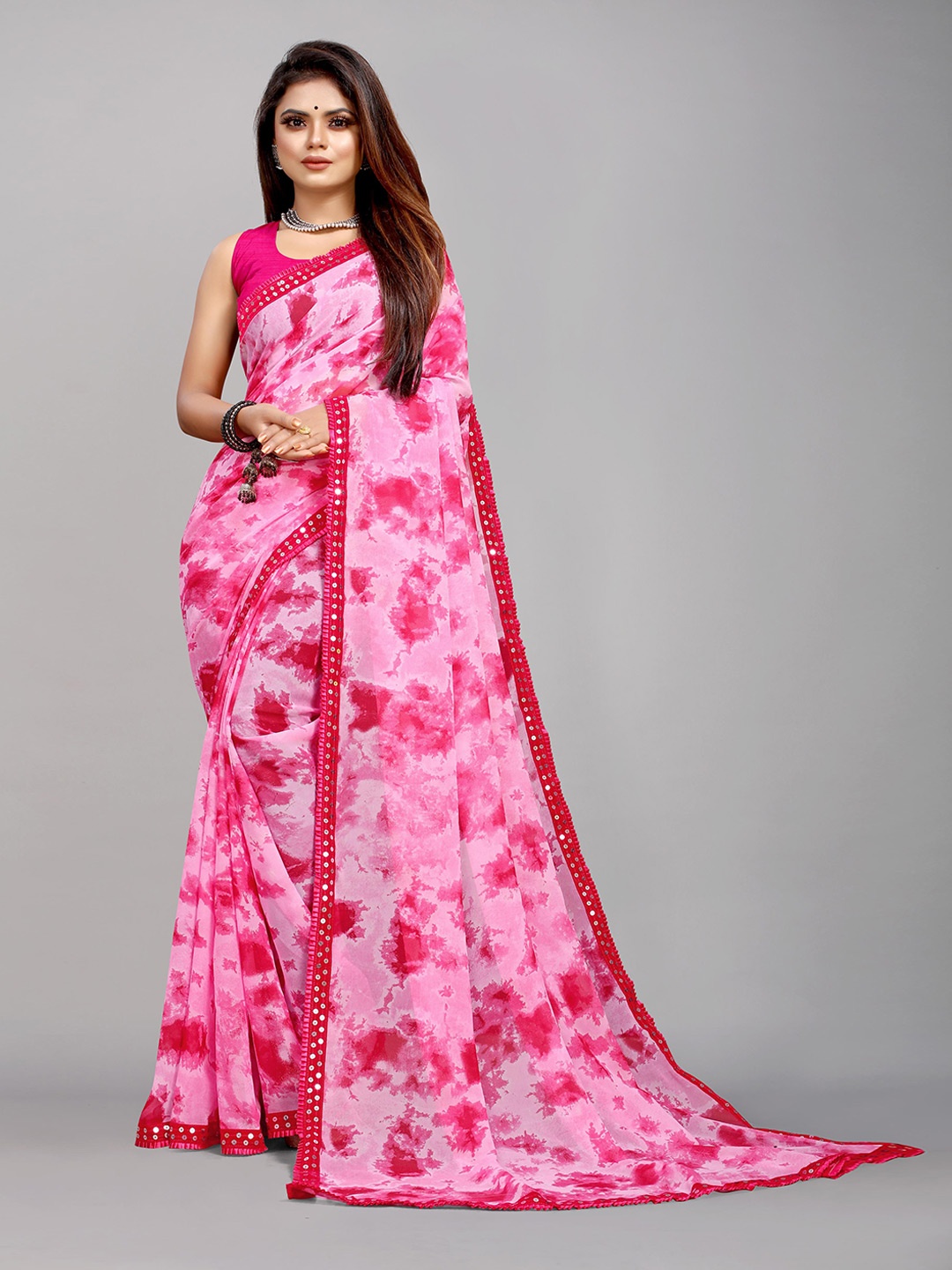 

Flip The Style Abstract Printed Embellished Sequinned Pure Georgette Block Print Saree, Pink