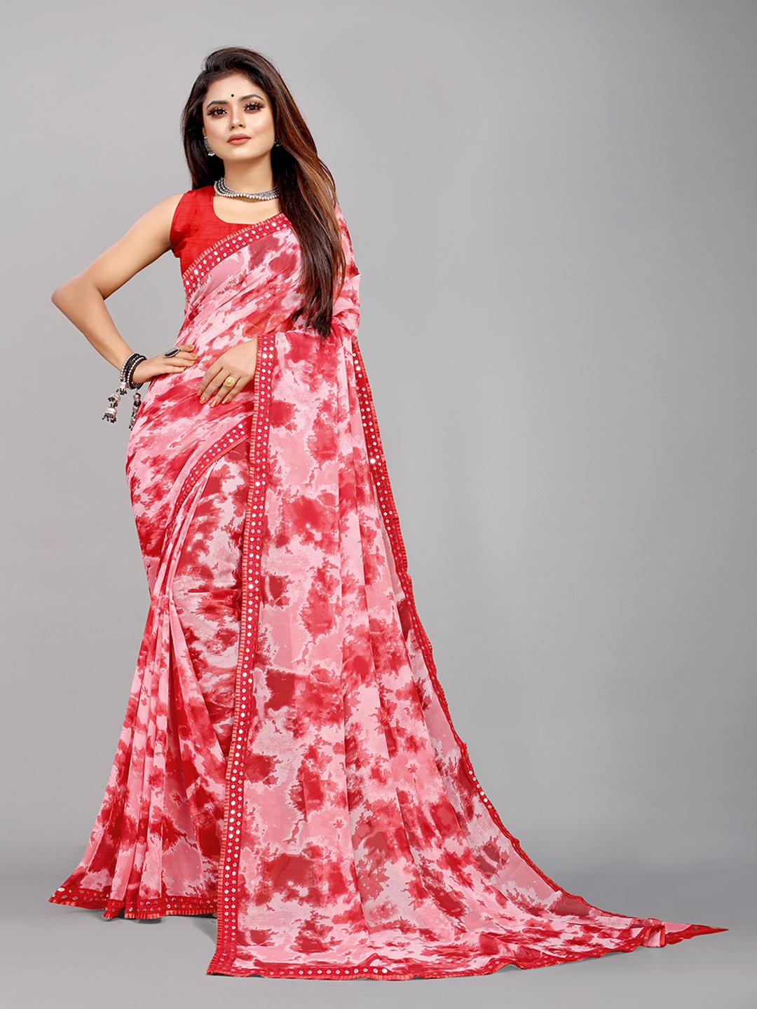 

Flip The Style Red Floral Sequinned Pure Georgette Block Printed Saree