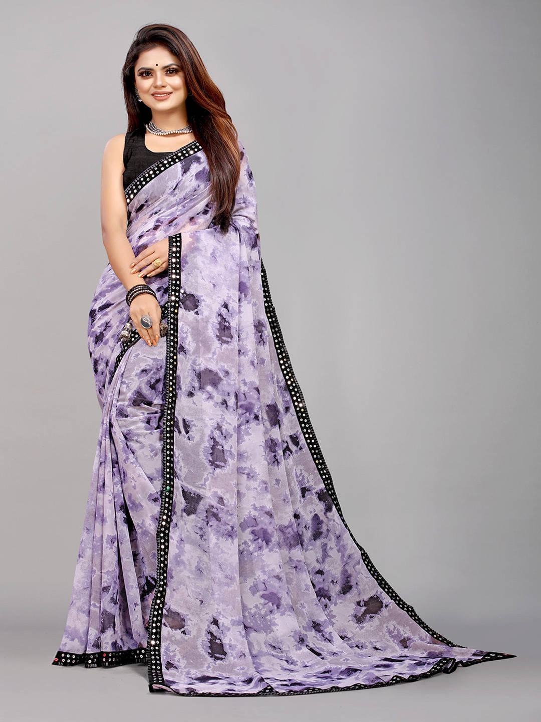 Flip The Style Floral Sequinned Pure Georgette Block Printed Saree, Grey