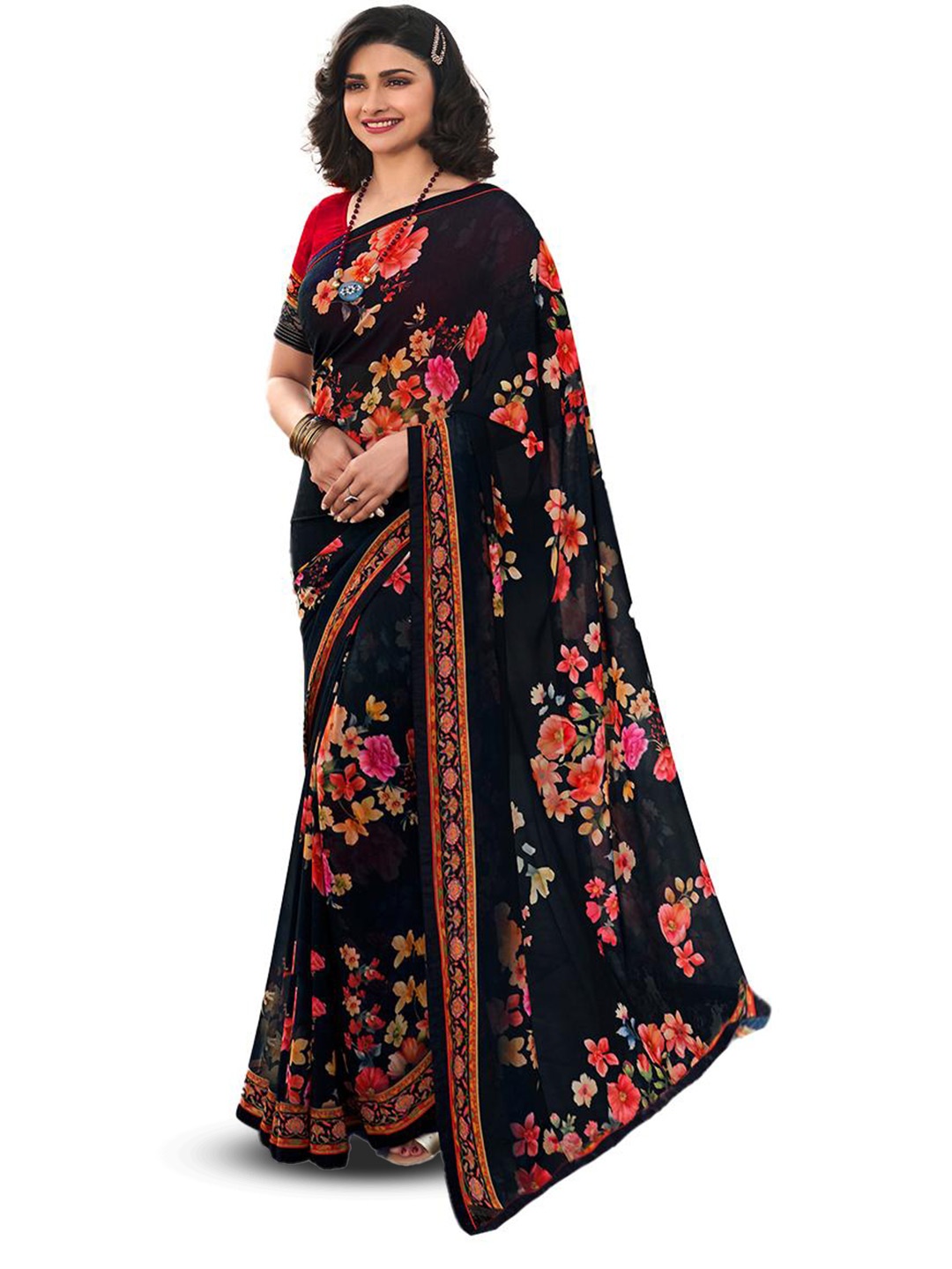 

Flip The Style Floral Printed Pure Georgette Jamdani Saree, Black