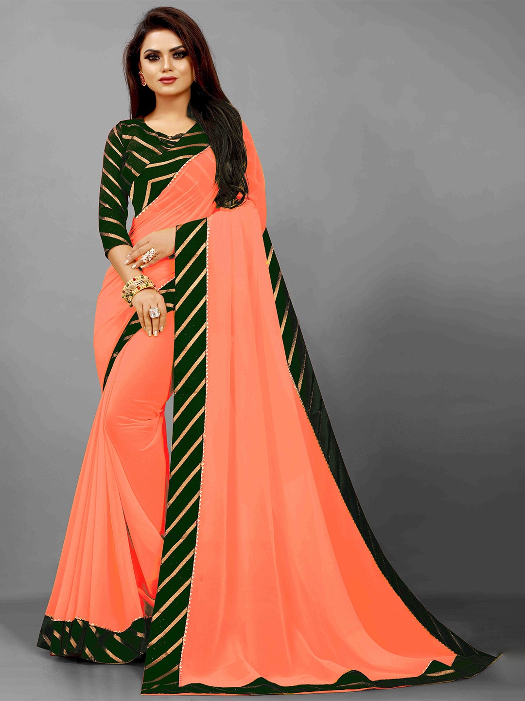 

Flip The Style Orange & Green Zari Pure Georgette Bhagalpuri Saree