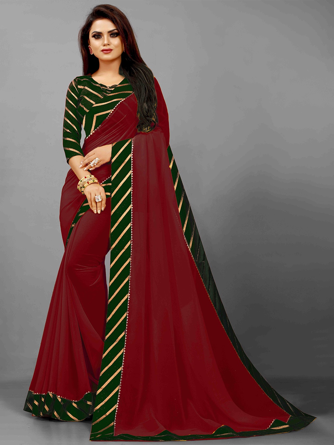 

Flip The Style Striped Embellished Gotta Patti Bhagalpuri Saree, Maroon