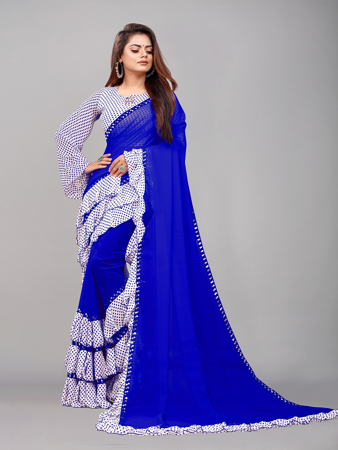 

Flip The Style Printed Ruffles Pure Georgette Leheriya Saree, Blue