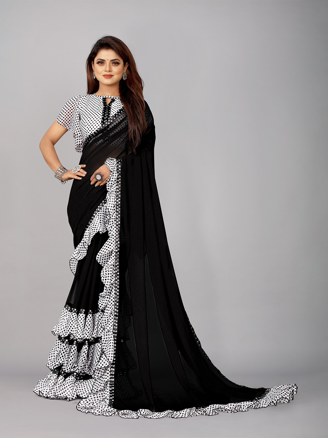 

Flip The Style Polka Dot Printed Sequinned Pure Georgette Ruffles Saree, Black