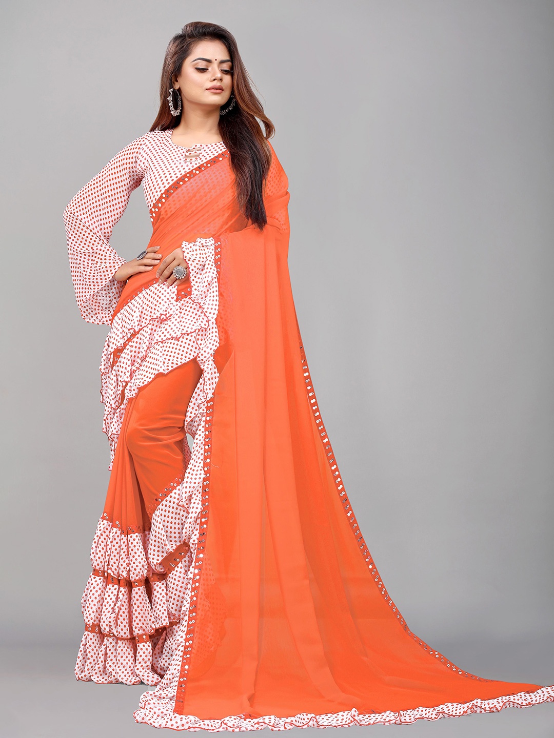 

Flip The Style Orange & White Polka Dot Pure Georgette Saree