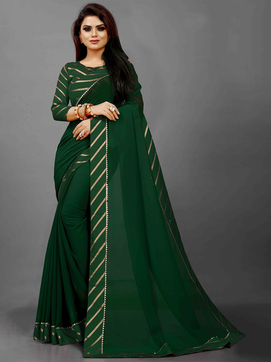

Flip The Style Striped Embellished Gotta Patti Bhagalpuri Saree, Green