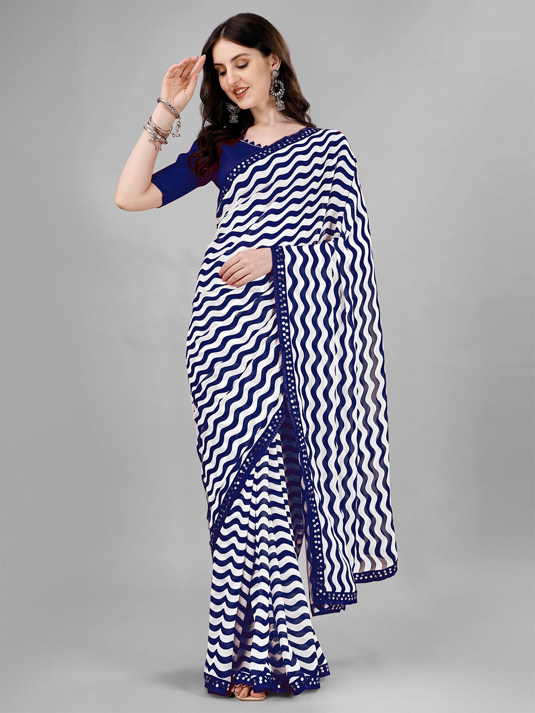 

Flip The Style Embroidered Pure Georgette Saree, Navy blue