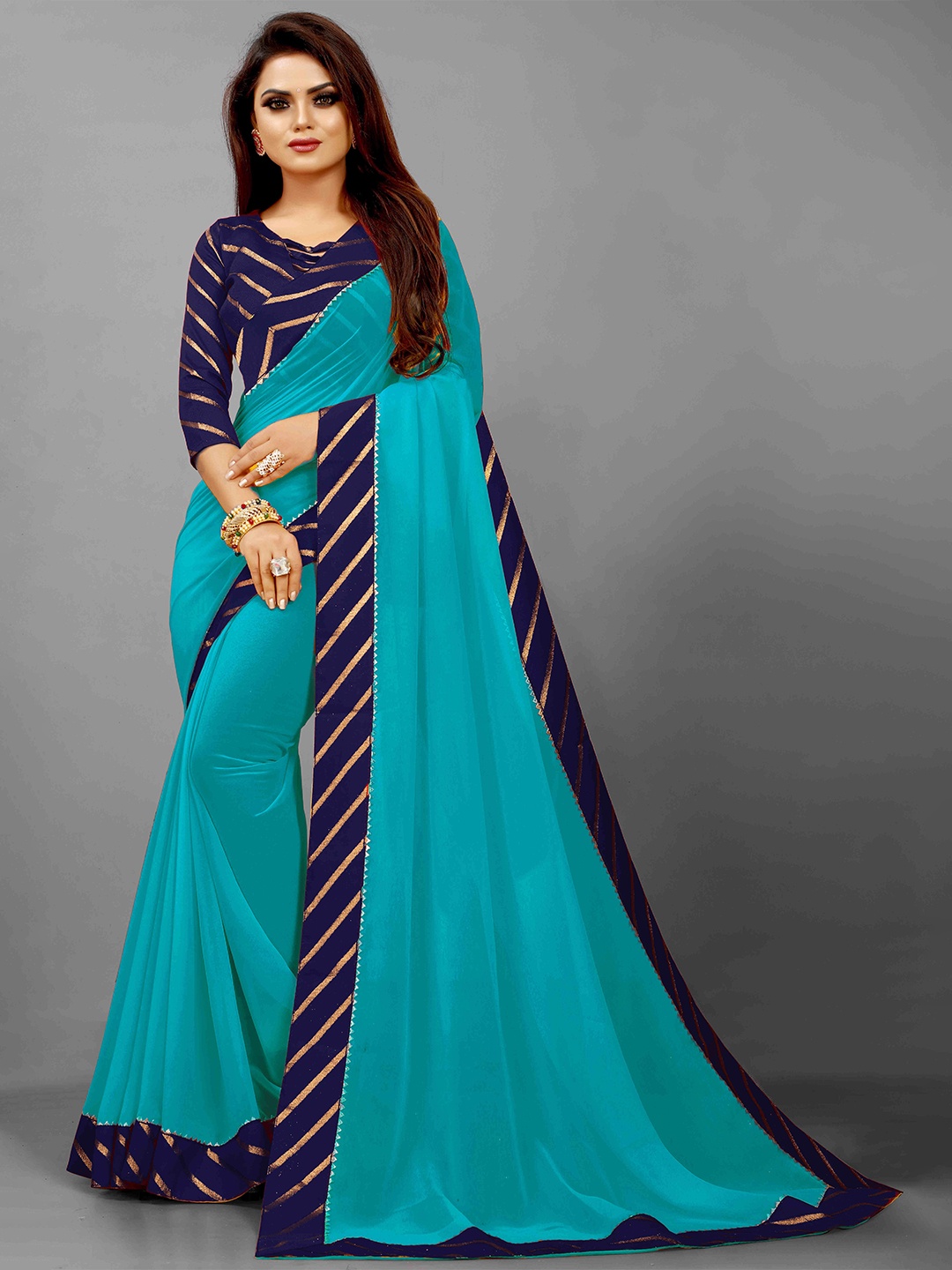 

Flip The Style Zari Pure Georgette Bhagalpuri Saree, Turquoise blue