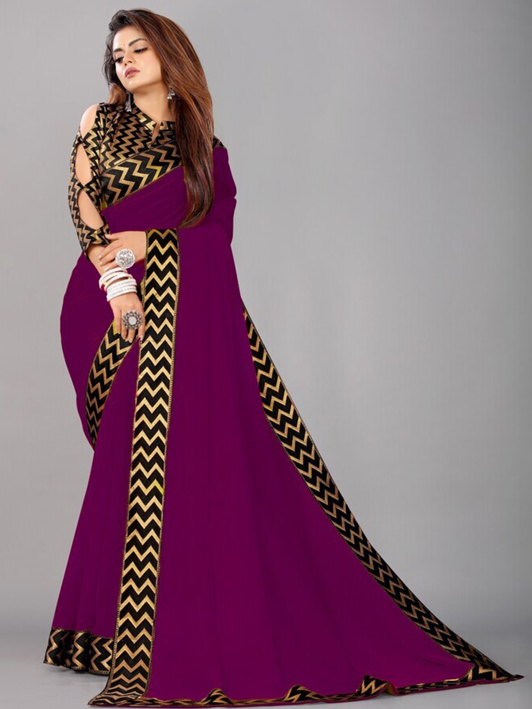 

Flip The Style Geometric Embellished Gotta Patti Pure Georgette Bhagalpuri Saree, Purple