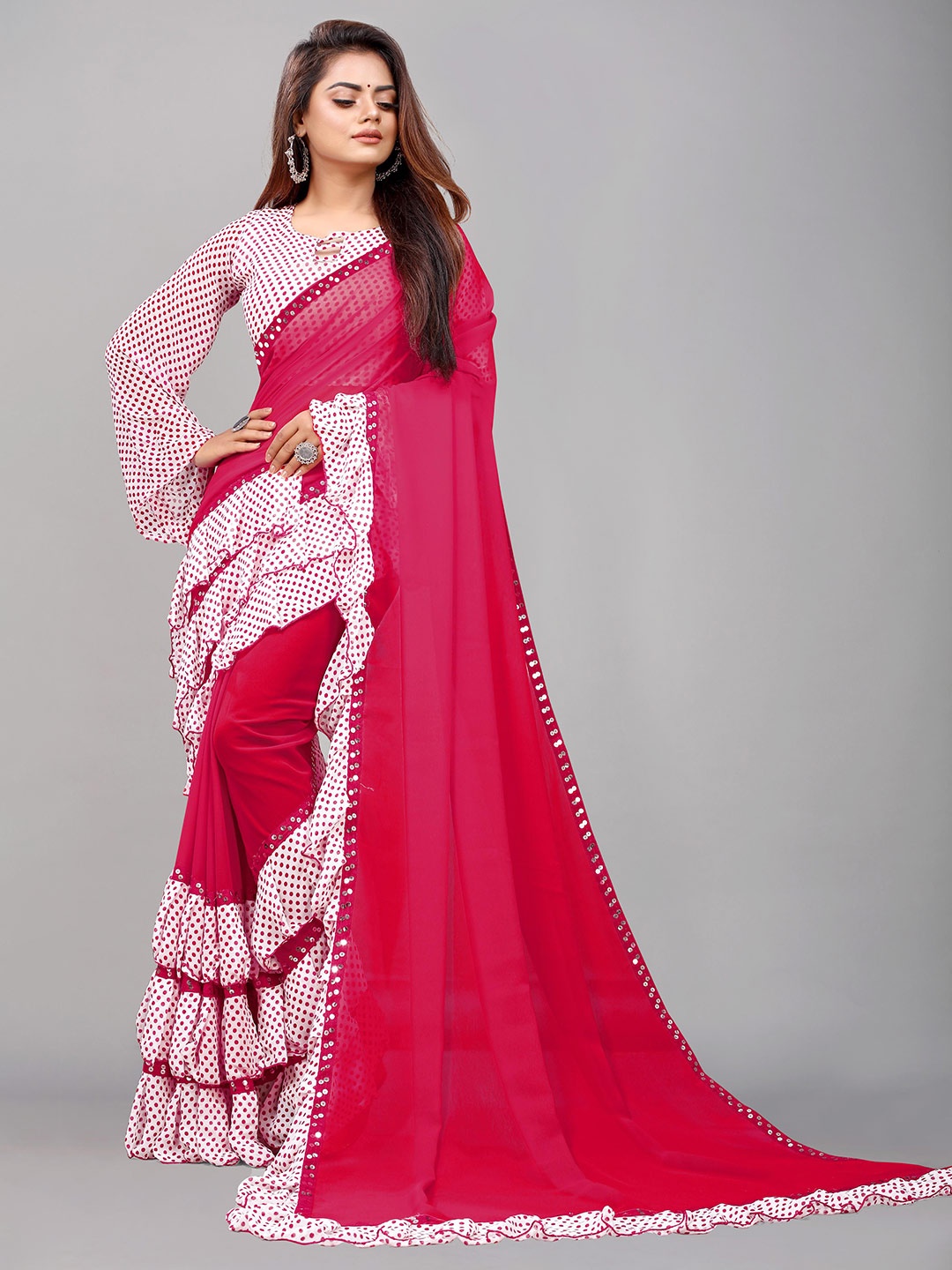 

Flip The Style Pink & White Striped Embroidered Pure Georgette Half and Half Saree