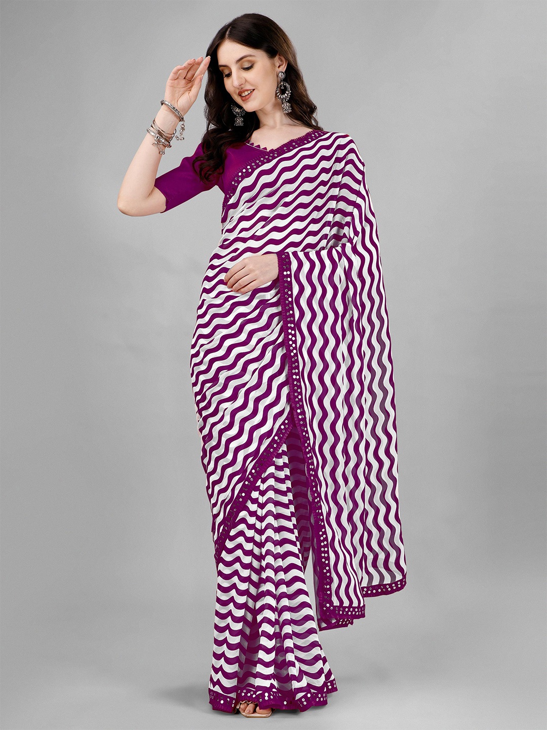 

Flip The Style Striped Sequinned Pure Georgette Leheriya Saree, Purple