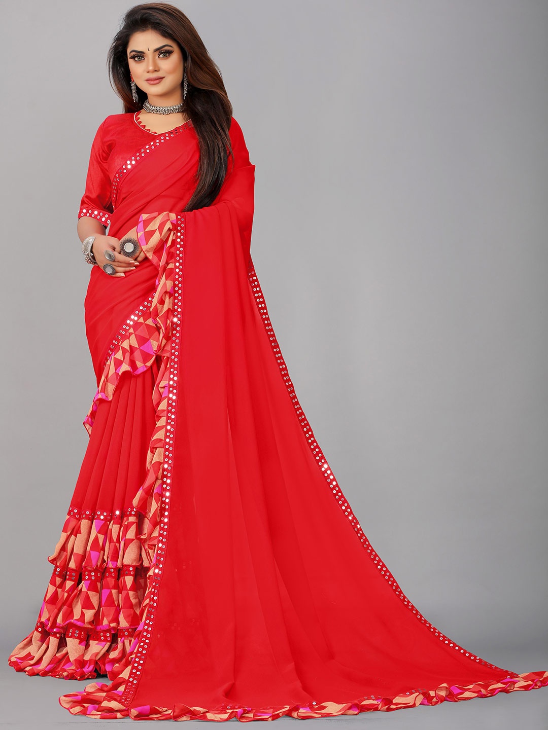 

Flip The Style Sequinned Pure Georgette Saree, Red