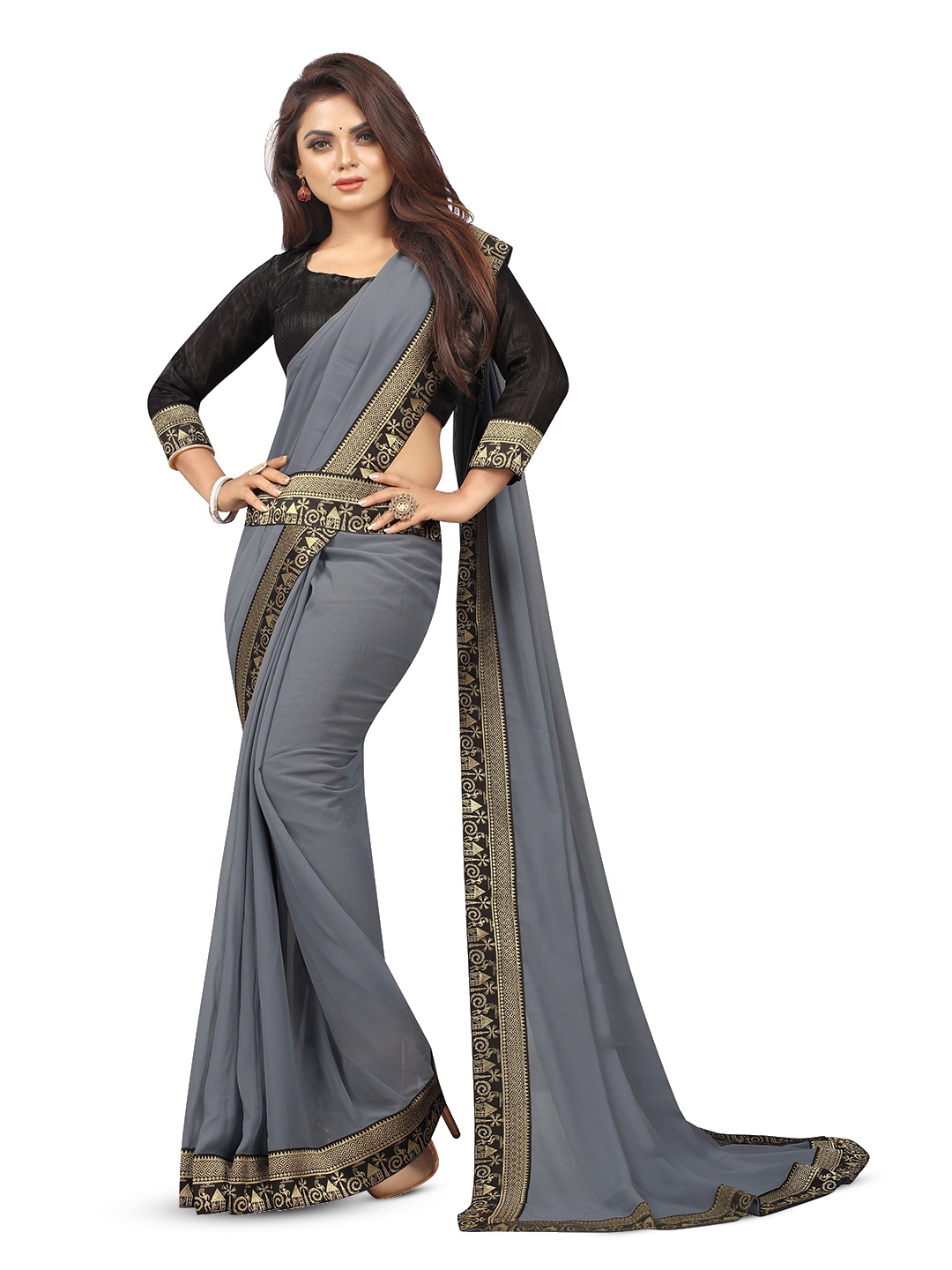 

Flip The Style Grey & GoldToned Zari Pure Chiffon Belted Bhagalpuri Saree