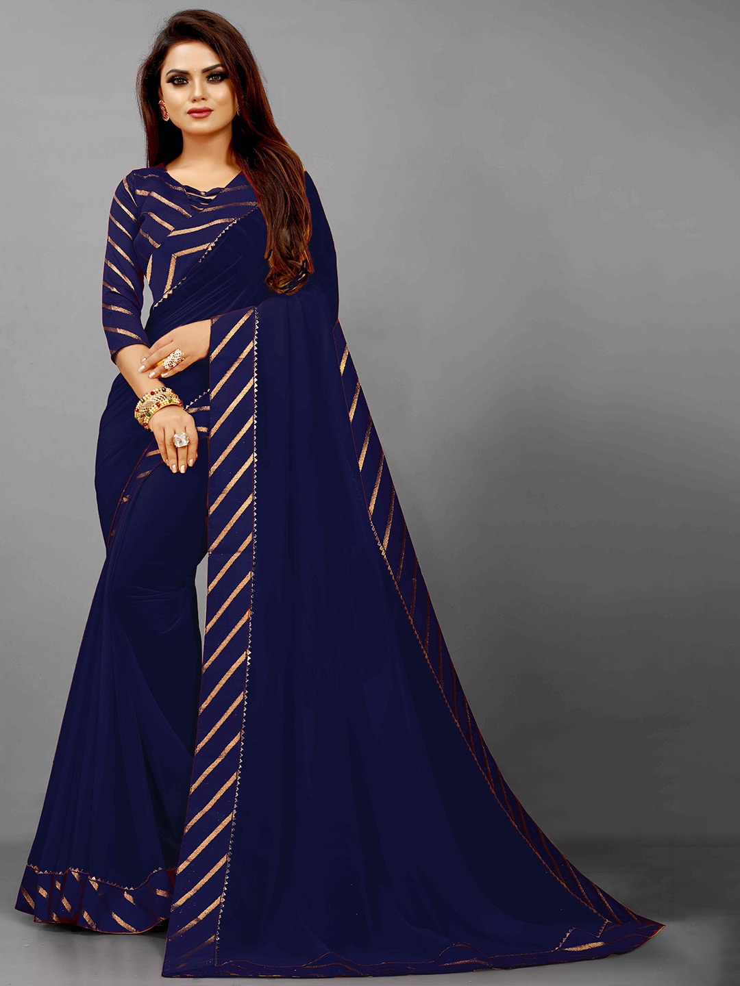 

Flip The Style Striped Embellished Gotta Patti Bhagalpuri Saree, Navy blue