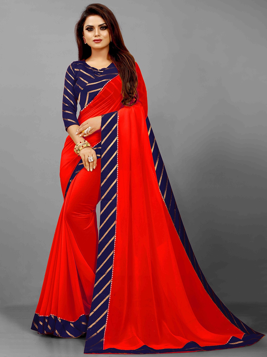 

Flip The Style Red & Blue Pure Georgette Bhagalpuri Saree