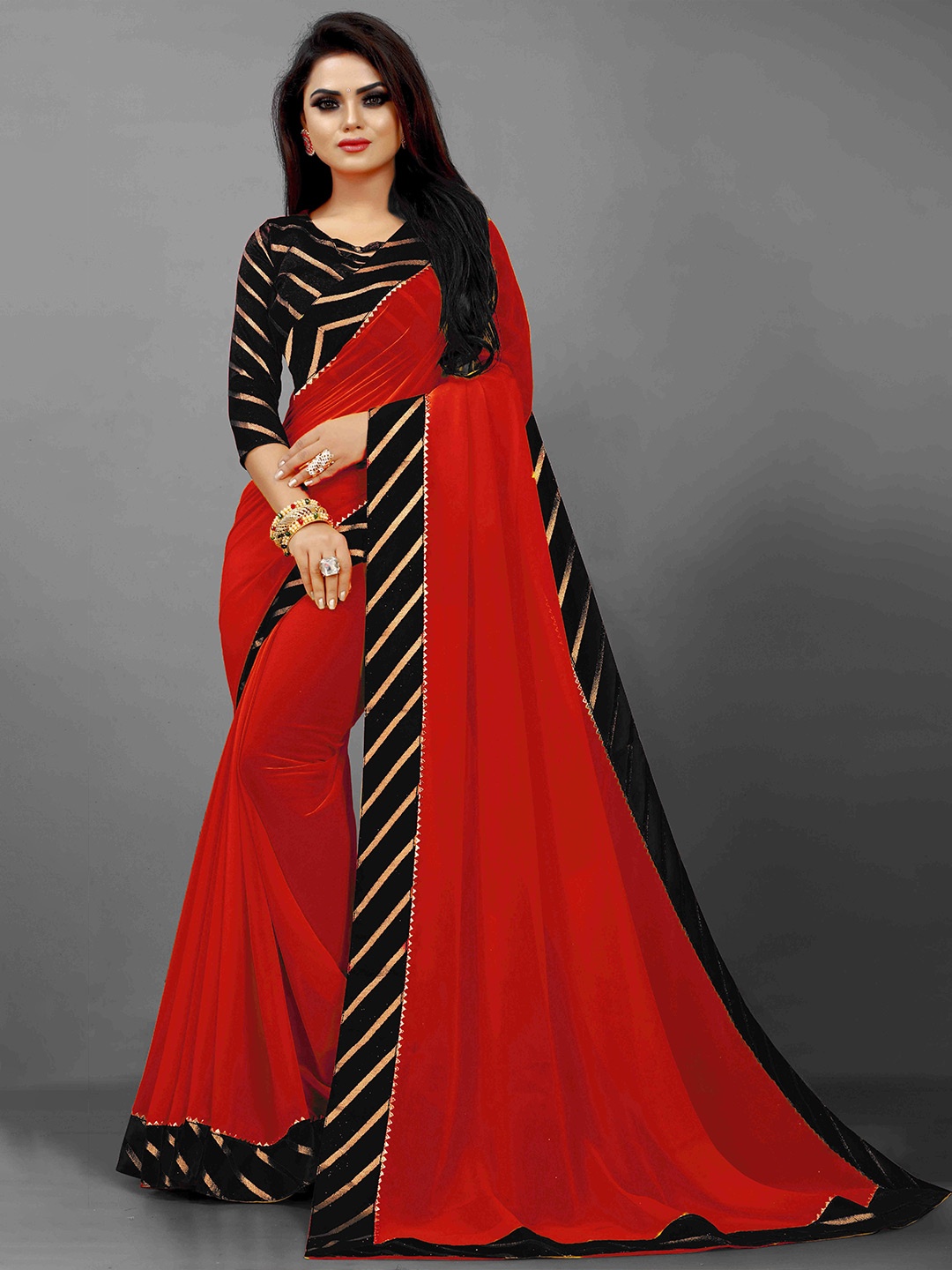 

Flip The Style Striped Embellished Gotta Patti Bhagalpuri Saree, Red