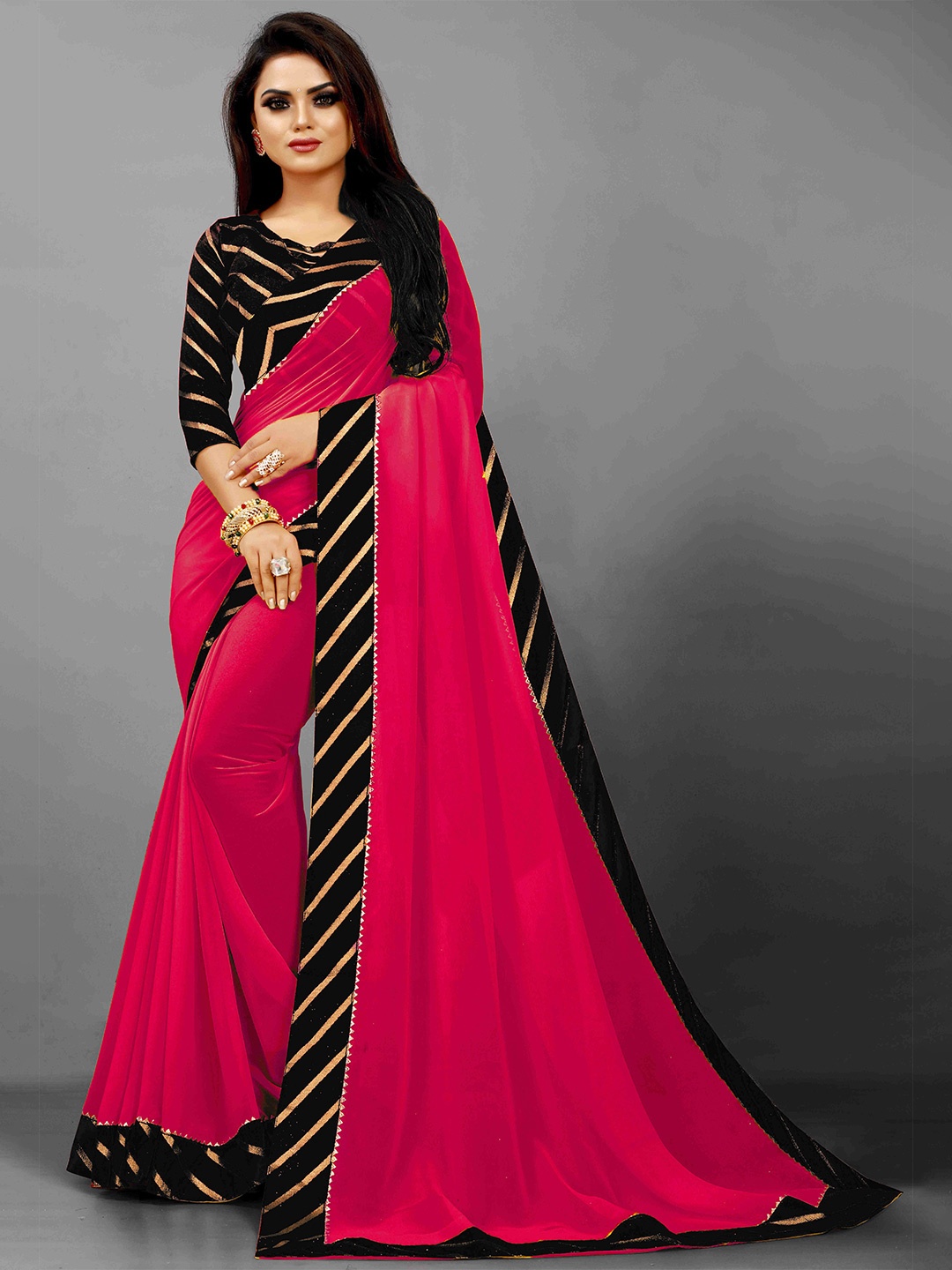 

Flip The Style Zari Woven Design Pure Georgette Saree, Pink