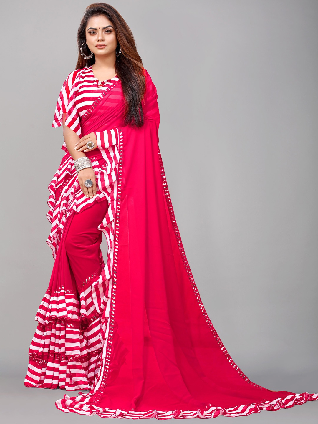 

Flip The Style Pink & White Striped Sequinned Pure Georgette Saree