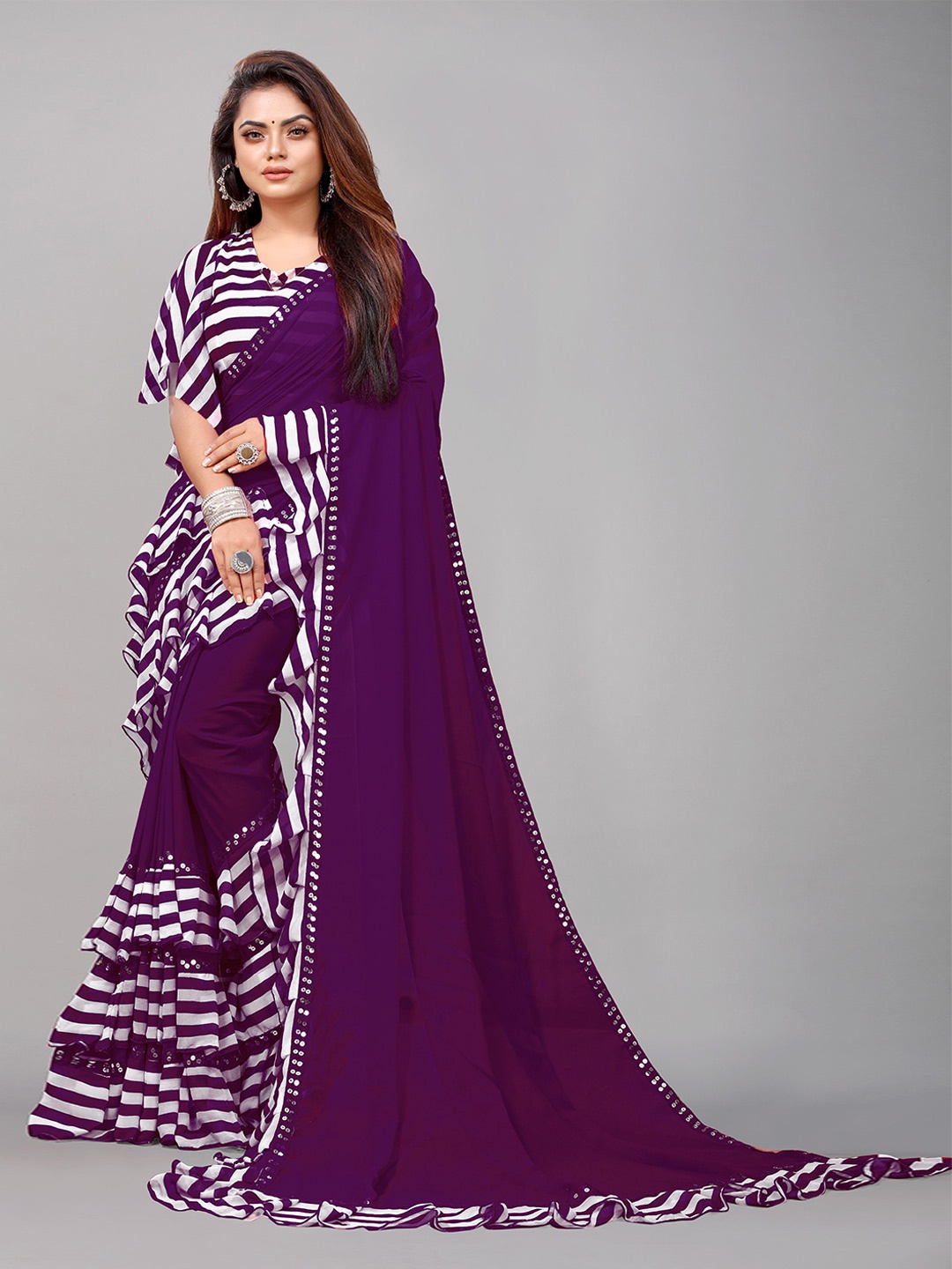 

Flip The Style Sequinned Pure Georgette Leheriya Saree, Purple