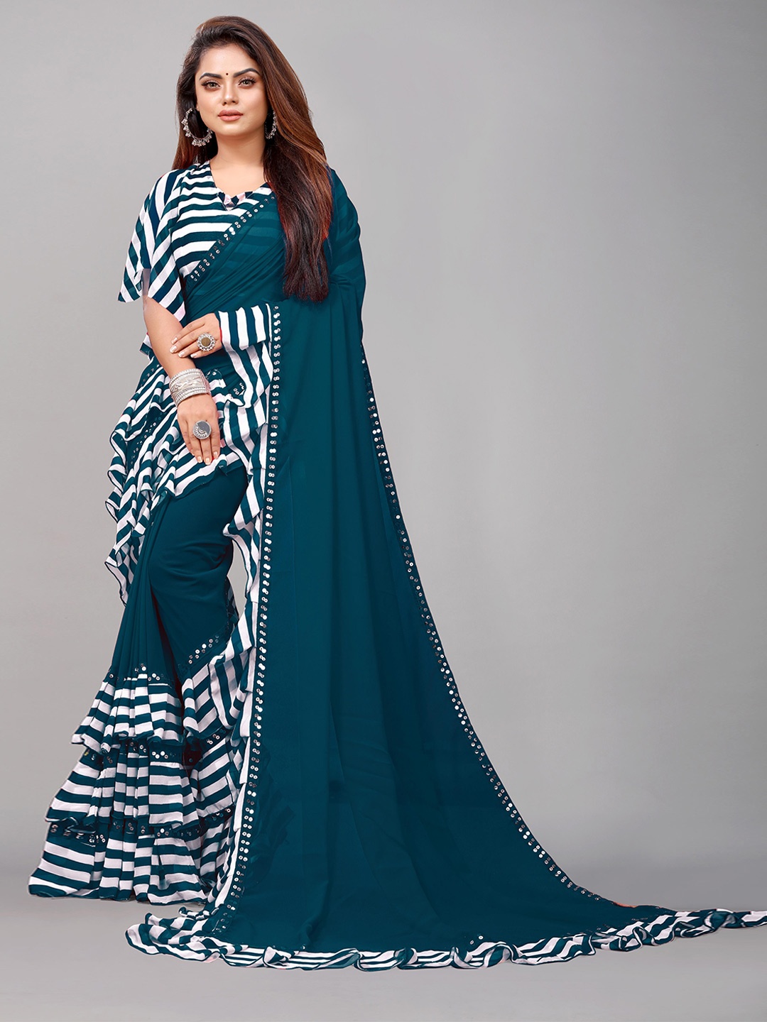 

Flip The Style Blue & White Striped Embroidered Pure Georgette Half and Half Saree