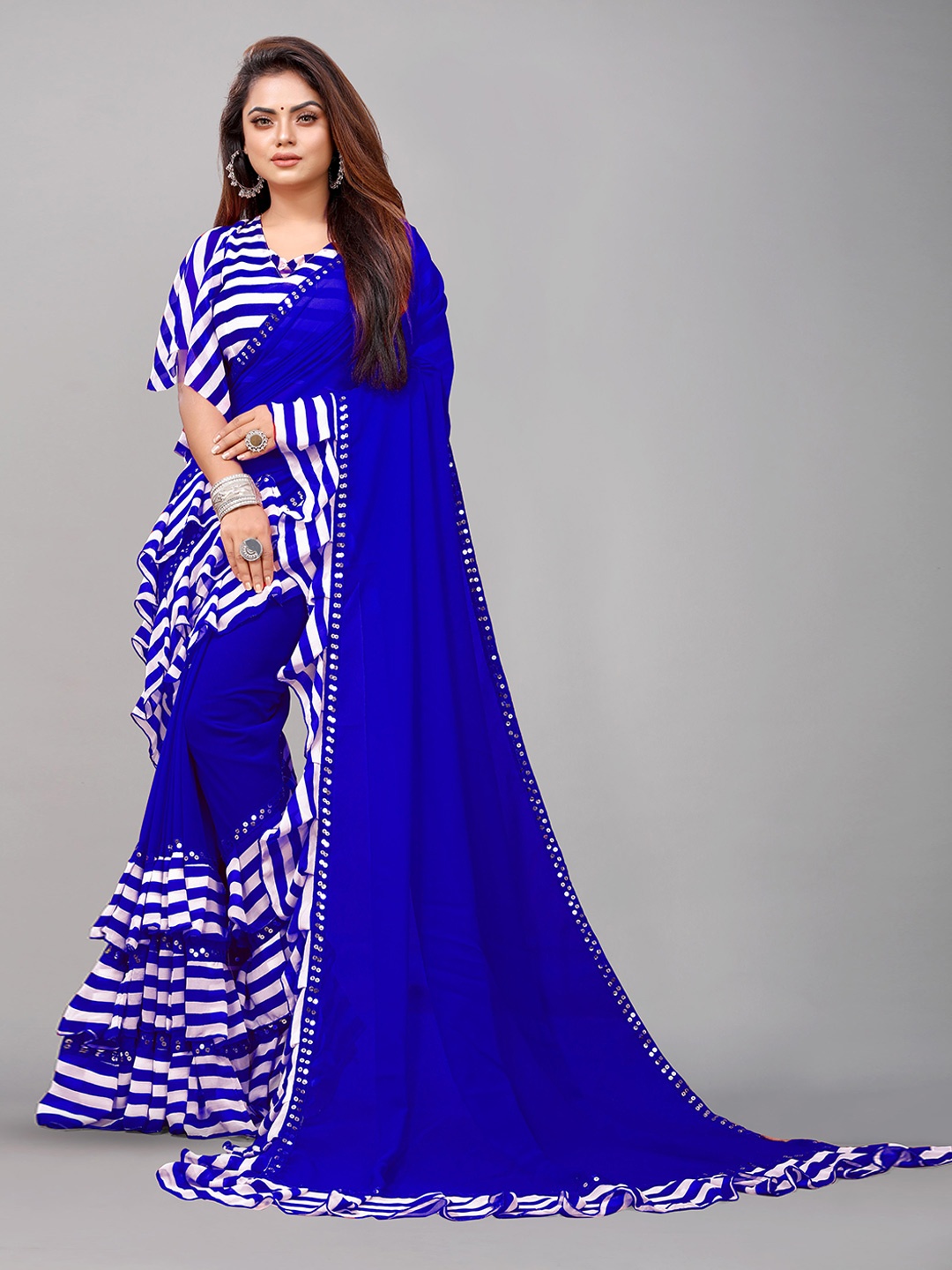 

Flip The Style Embroidered Pure Georgette Half and Half Leheriya Saree, Blue