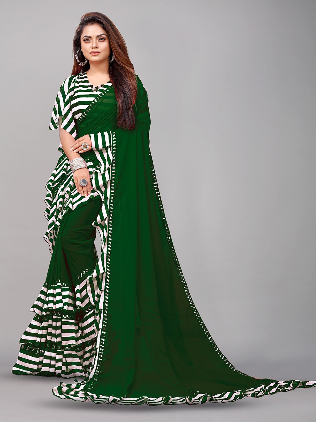 

Flip The Style Striped Printed Sequinned Pure Georgette Ruffles Leheriya Saree, Green