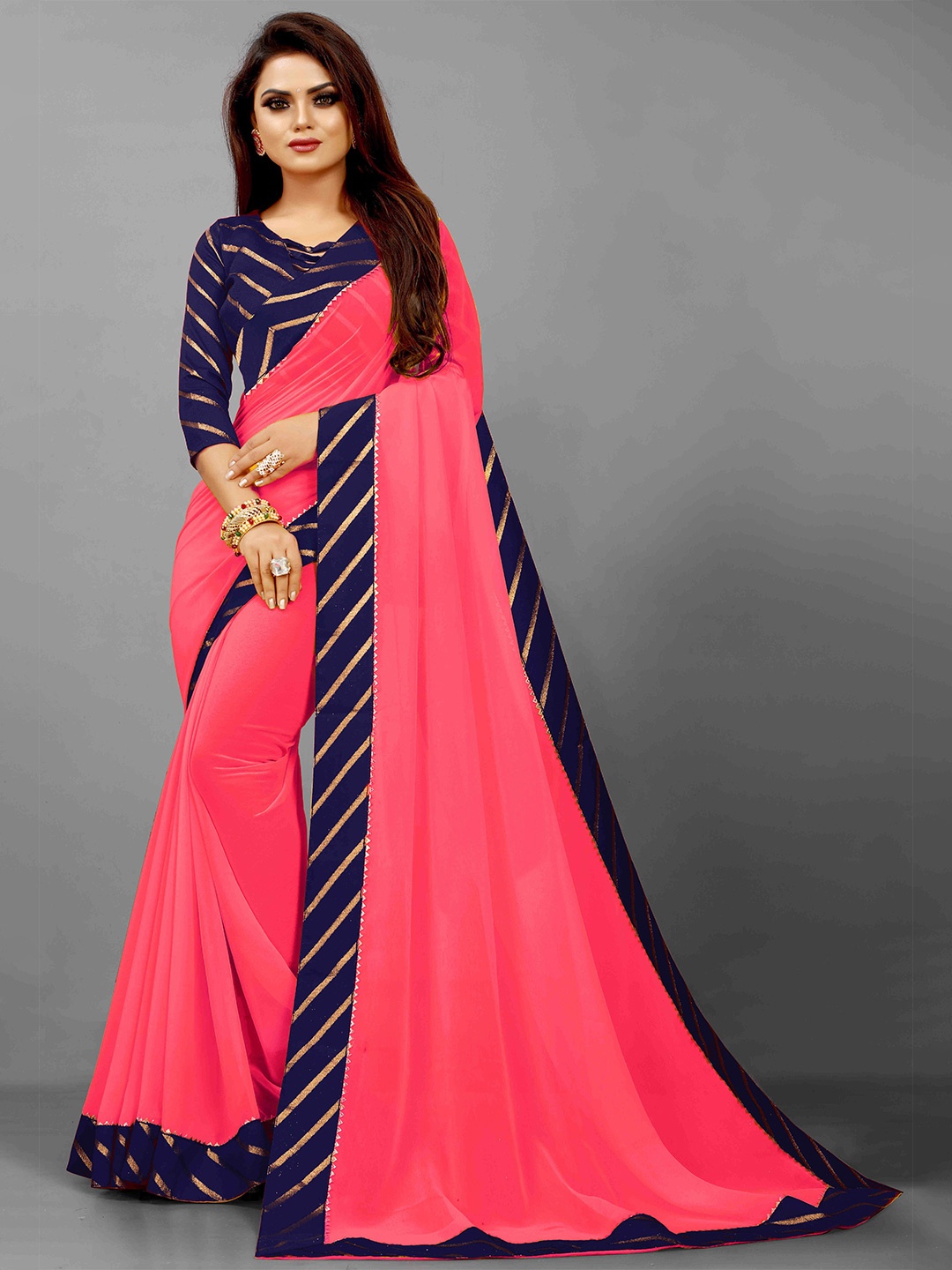 

Flip The Style Zari Pure Georgette Bhagalpuri Saree, Pink