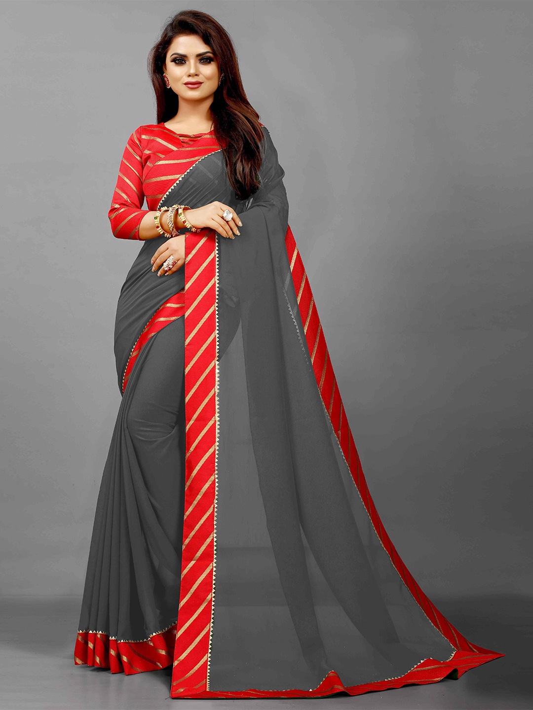 

Flip The Style Grey & Red Pure Georgette Bhagalpuri Saree