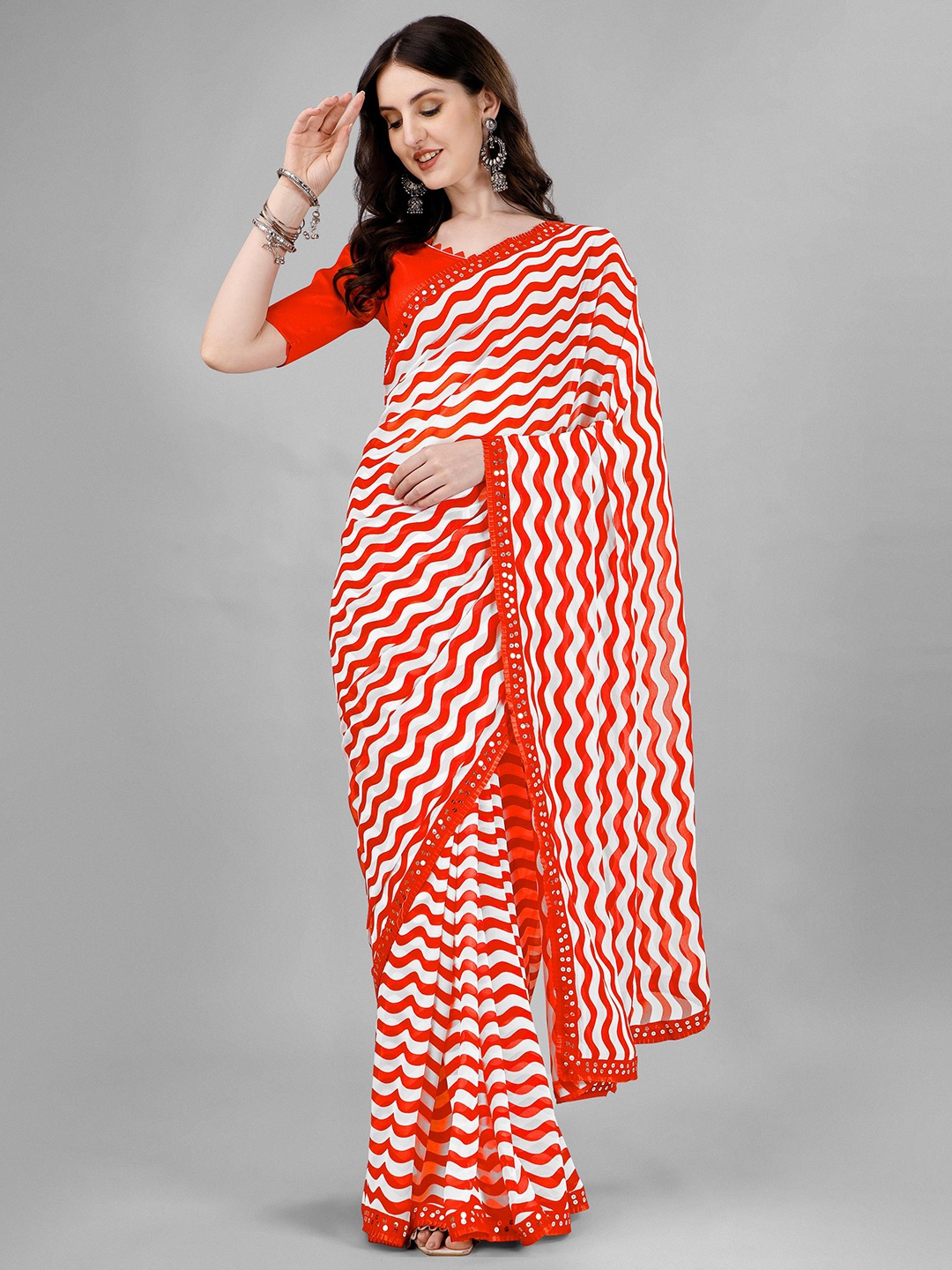 

Flip The Style Embroidered Pure Georgette Leheriya Saree, Orange