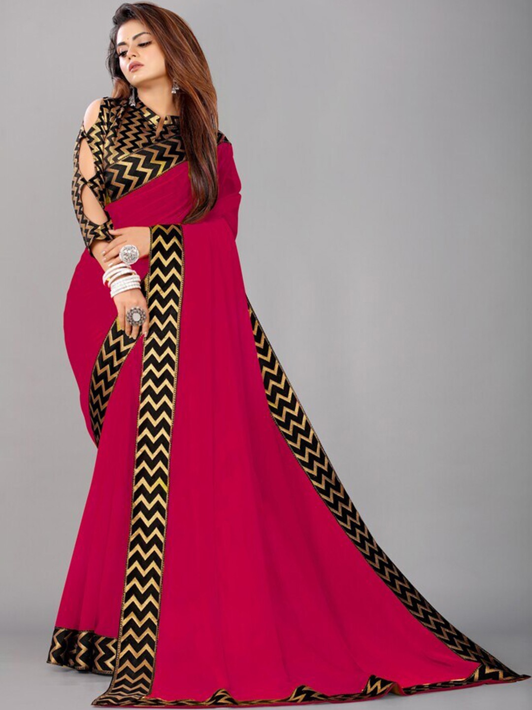 

Flip The Style Pink & Black Pure Georgette Bhagalpuri Saree