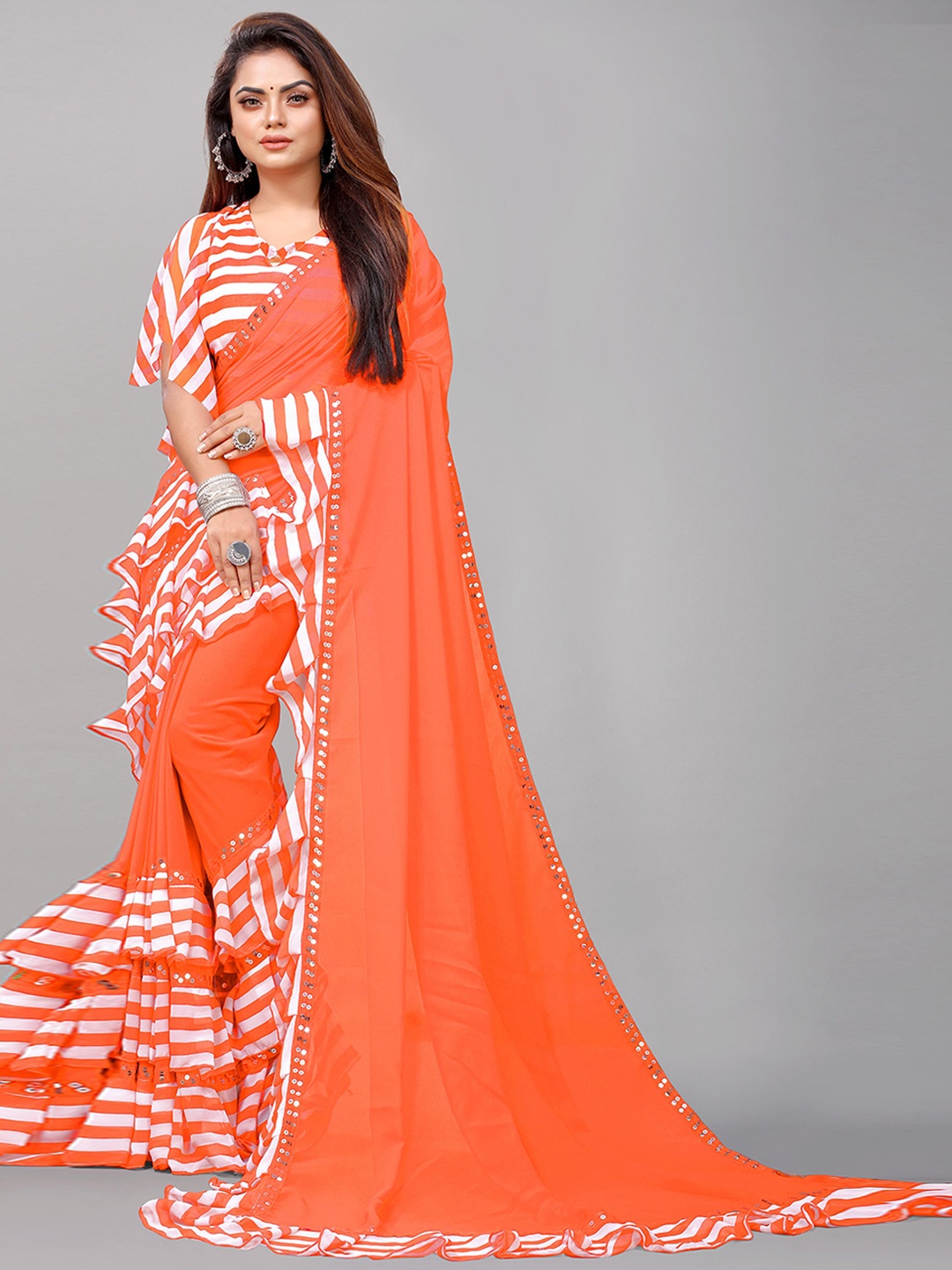 

Flip The Style Striped Sequinned Pure Georgette Ruffle Saree, Orange