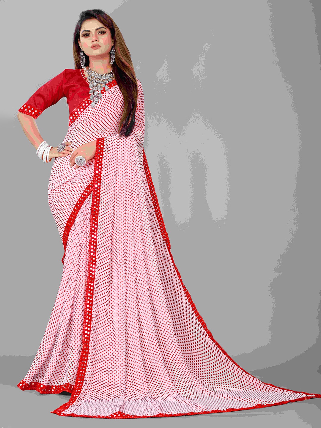 

Flip The Style Polka Dot Printed Embellished Sequinned Pure Georgette Tussar Saree, Red