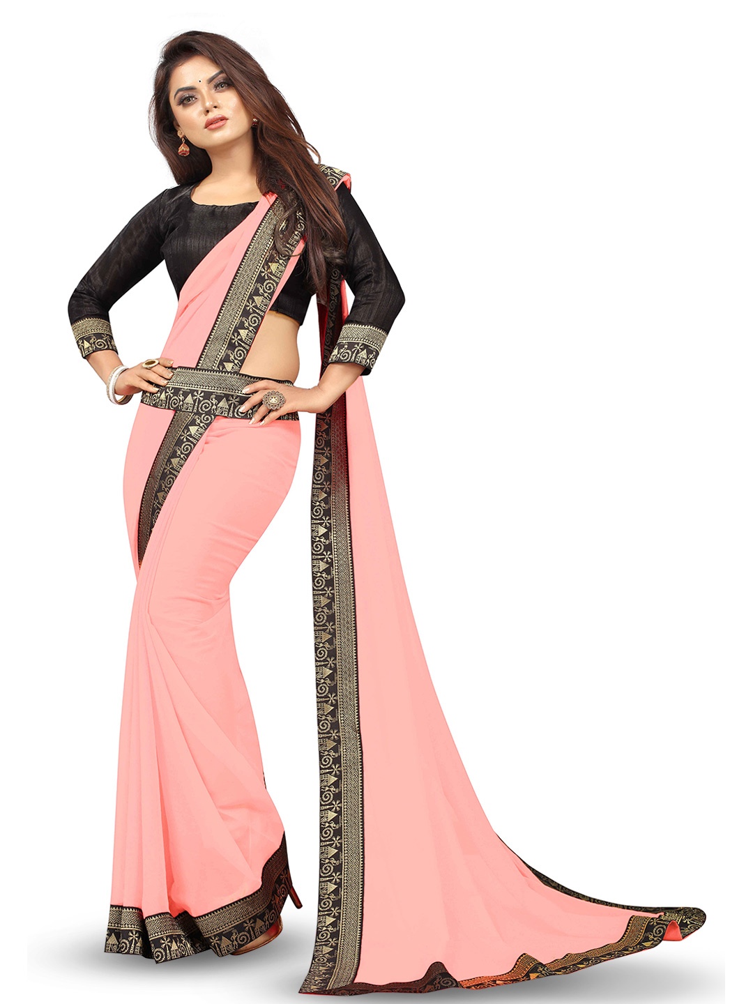 

Flip The Style Woven Design Zari Pure Chiffon Saree, Peach