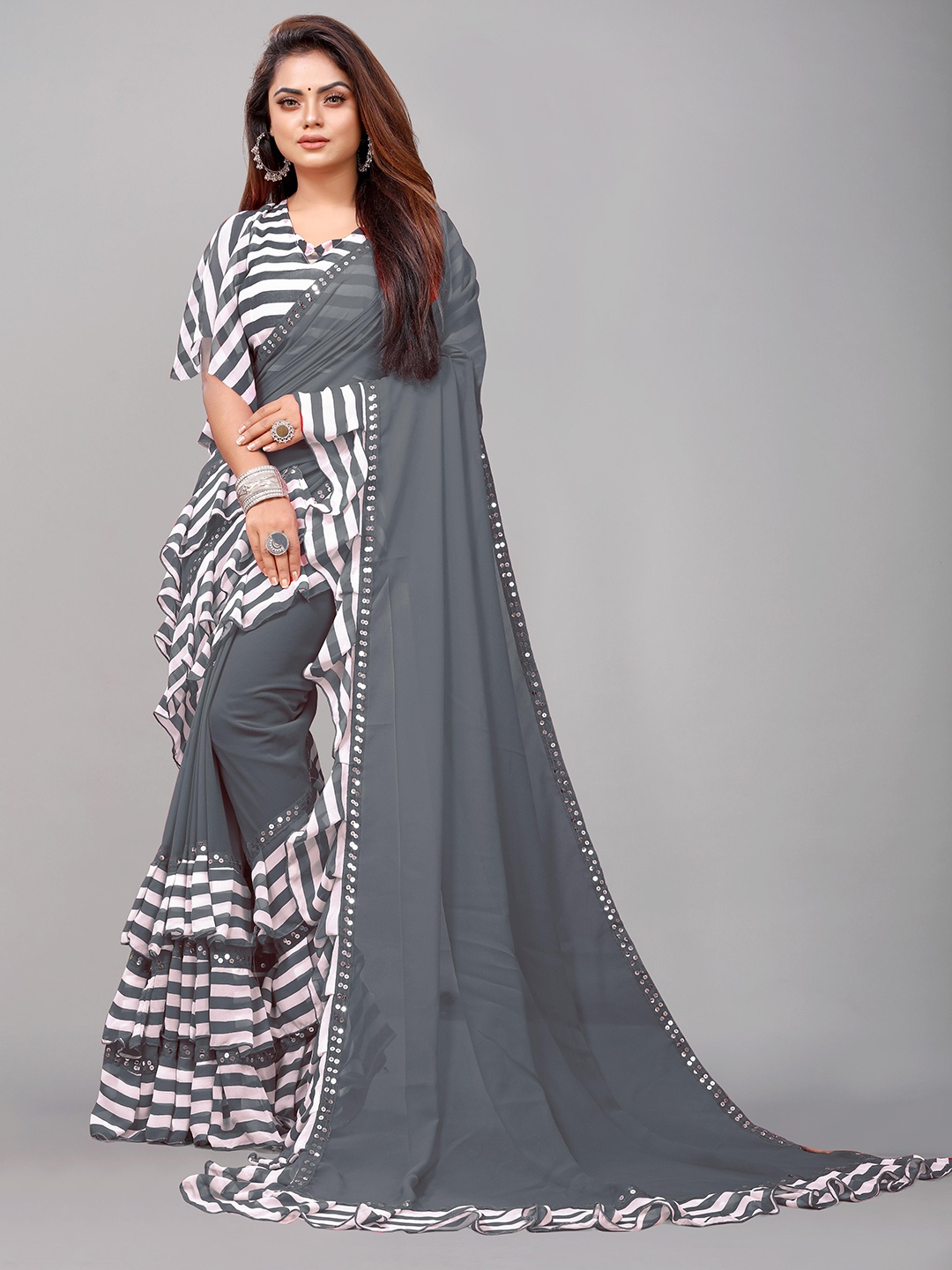 

Flip The Style Striped Sequinned Pure Georgette Ruffled Leheriya Saree, Grey