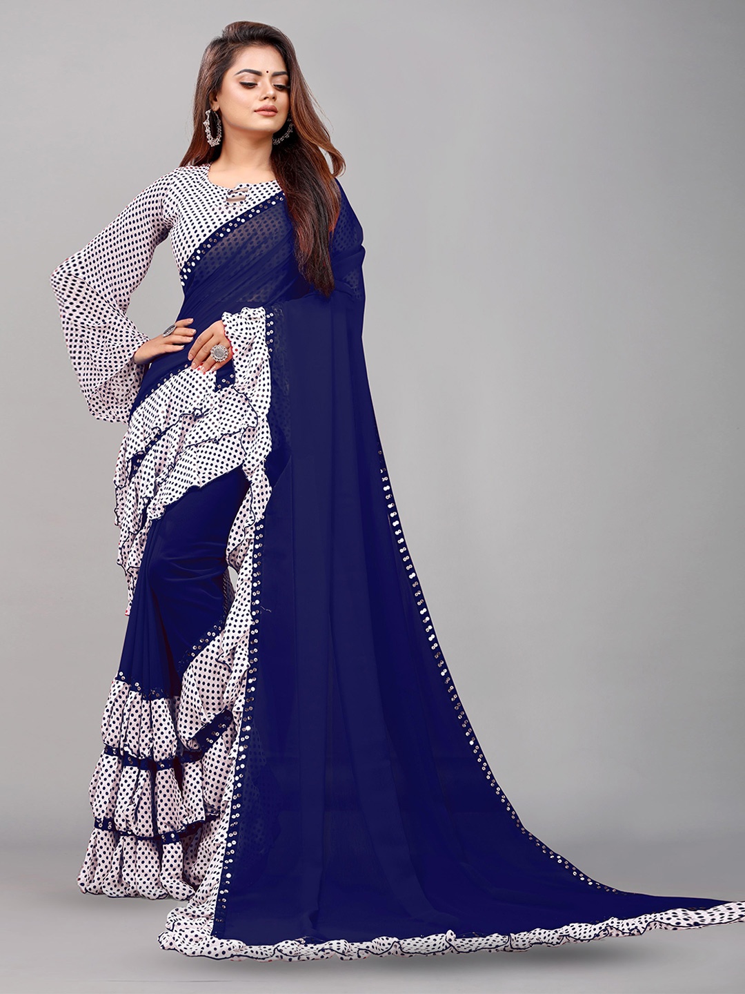 

Flip The Style Printed Ruffles Sequinned Pure Georgette Leheriya Saree, Navy blue