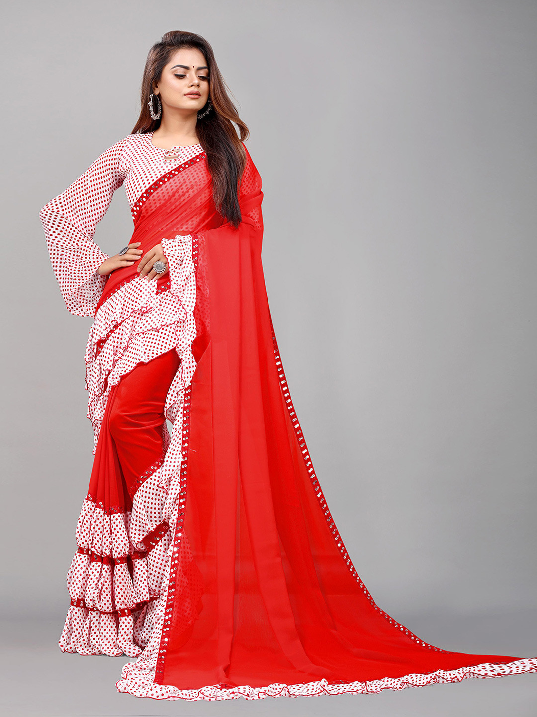 

Flip The Style Polka Dot Printed Sequinned Pure Georgette Ruffles Saree, Red