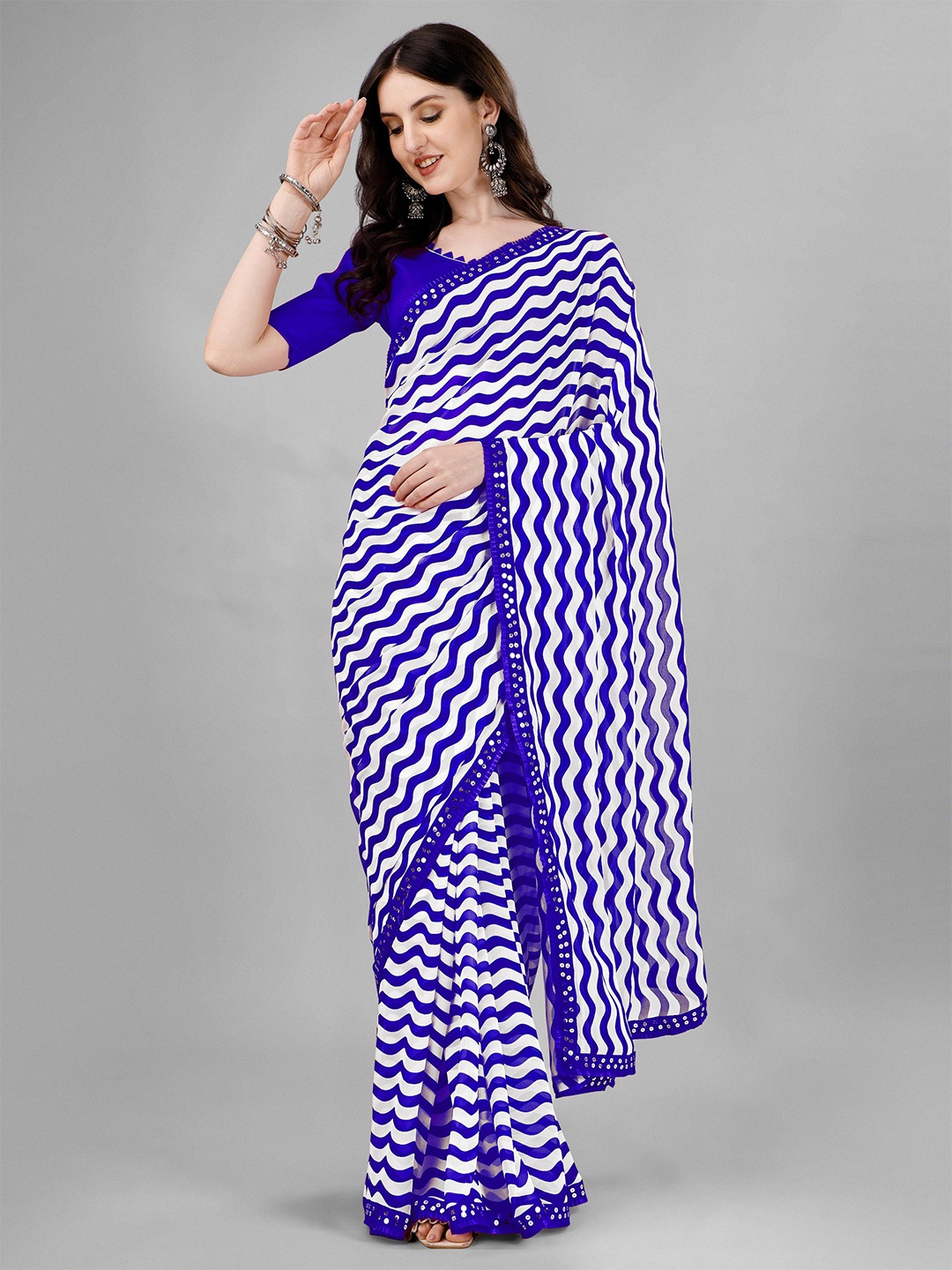 

Flip The Style Striped Sequinned Pure Georgette Leheriya Saree, Blue