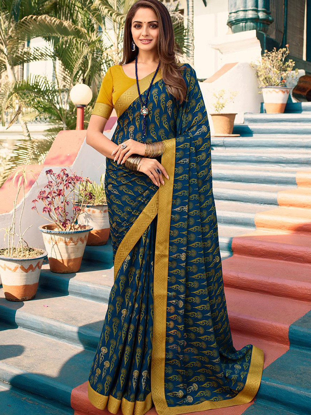 

Flip The Style Floral Zari Pure Georgette Leheriya Saree, Blue