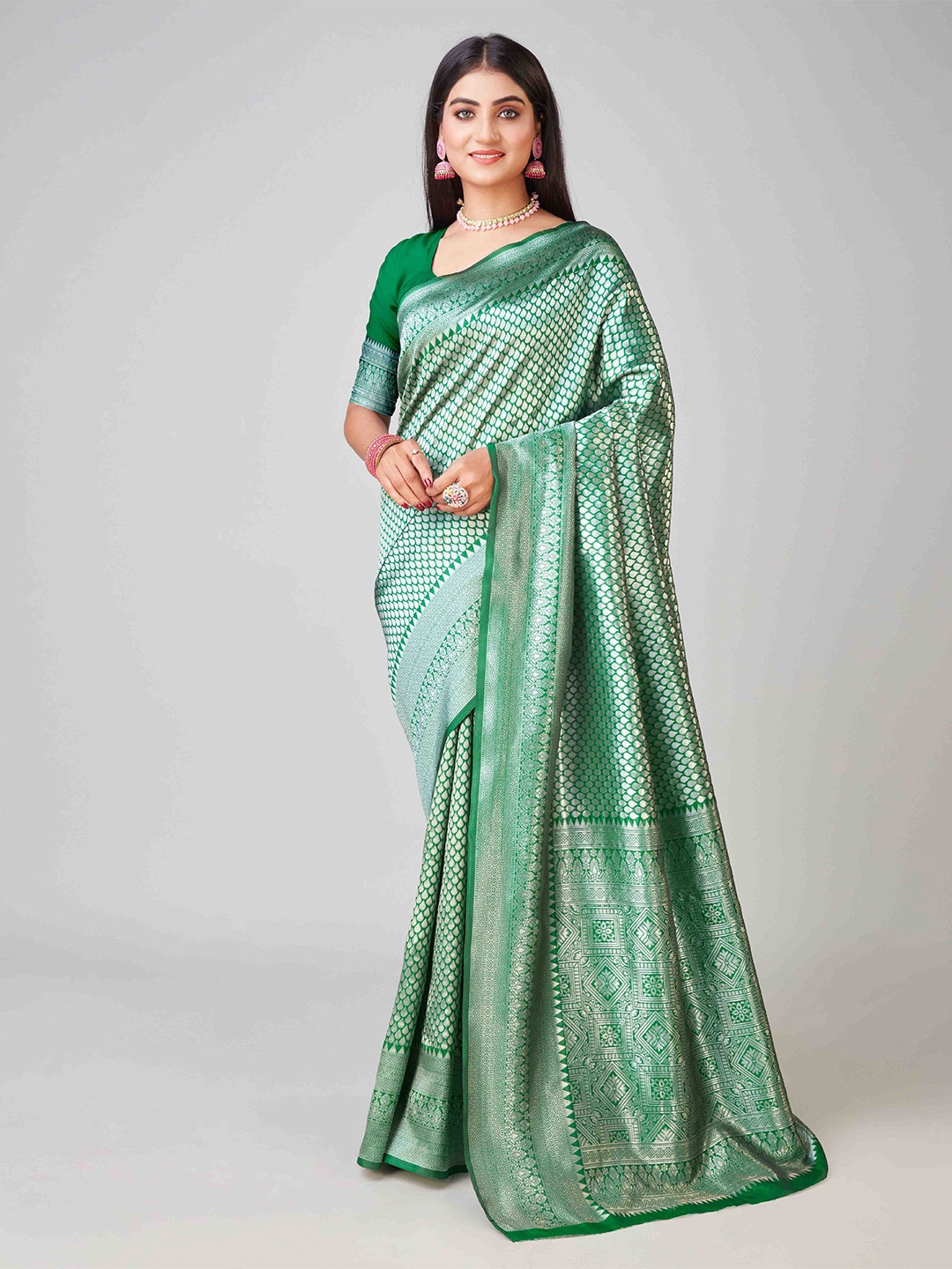 

KALINI Ethnic Motifs Woven Design Zari Detail Banarasi Saree, Lime green