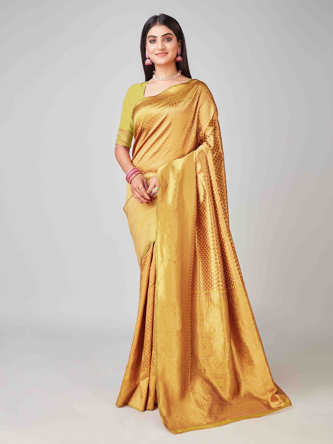 

KALINI Ethnic Motifs Woven Design Zari Kanjeevaram Saree, Yellow
